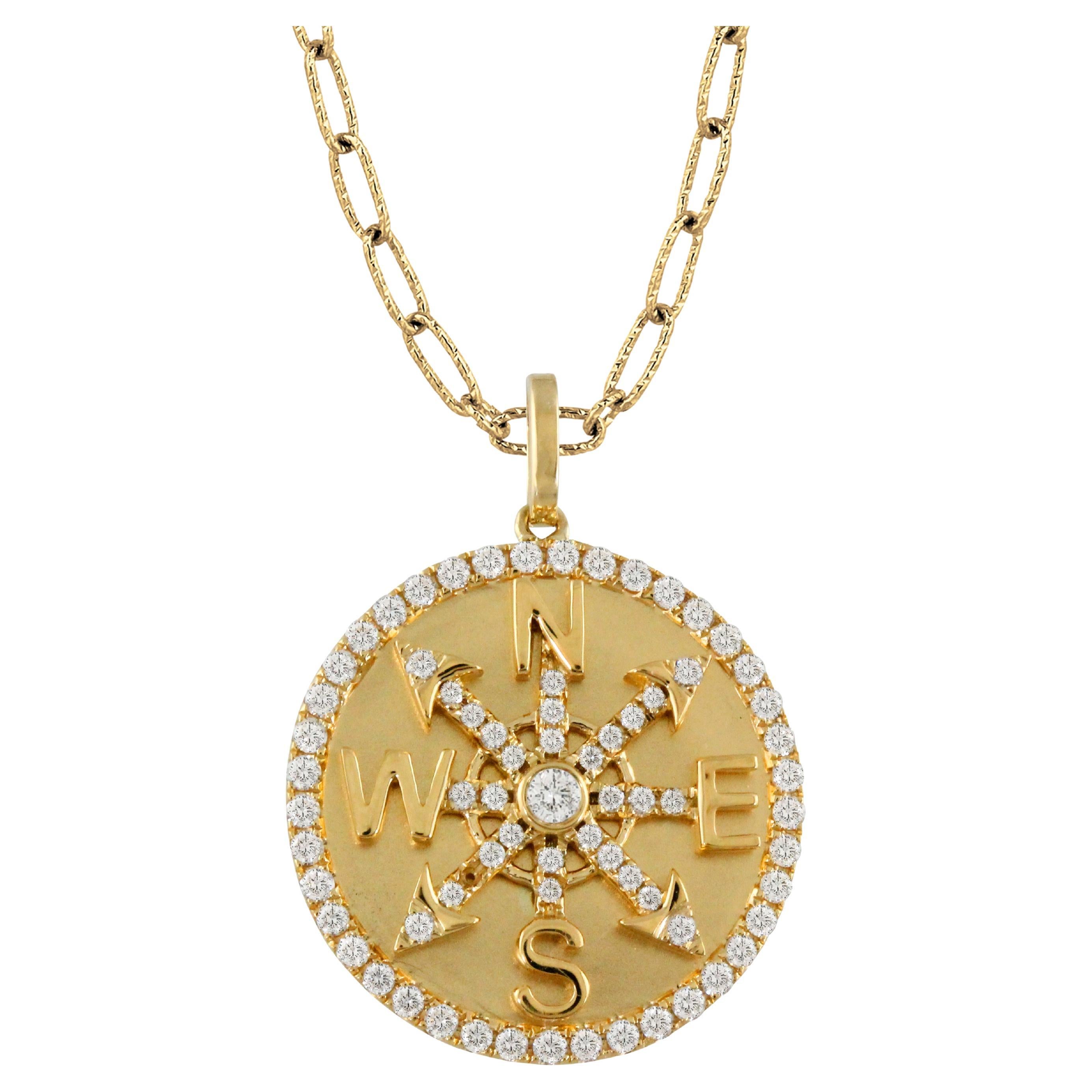 Doves Doron Paloma Gold Diamond Compass Medallion Pendant For Sale