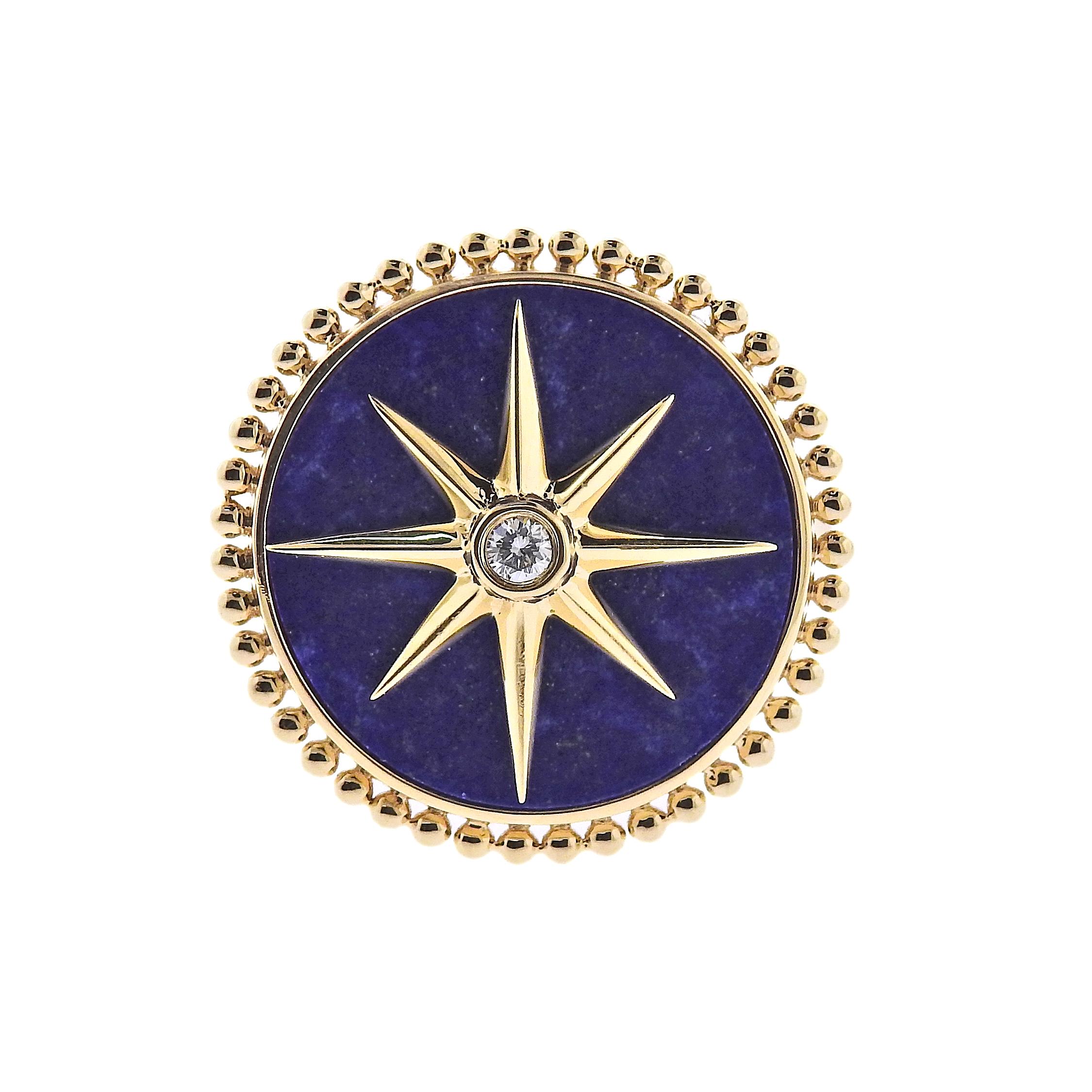 Brand new 18k gold ring by Doves Doron Paloma, with lapis top and 0.04ct H/VS diamond.  Ring size 6.5, top is 20mm in diameter. Marked: 18k,  Dove hallmark. Weight - 6.6 grams.