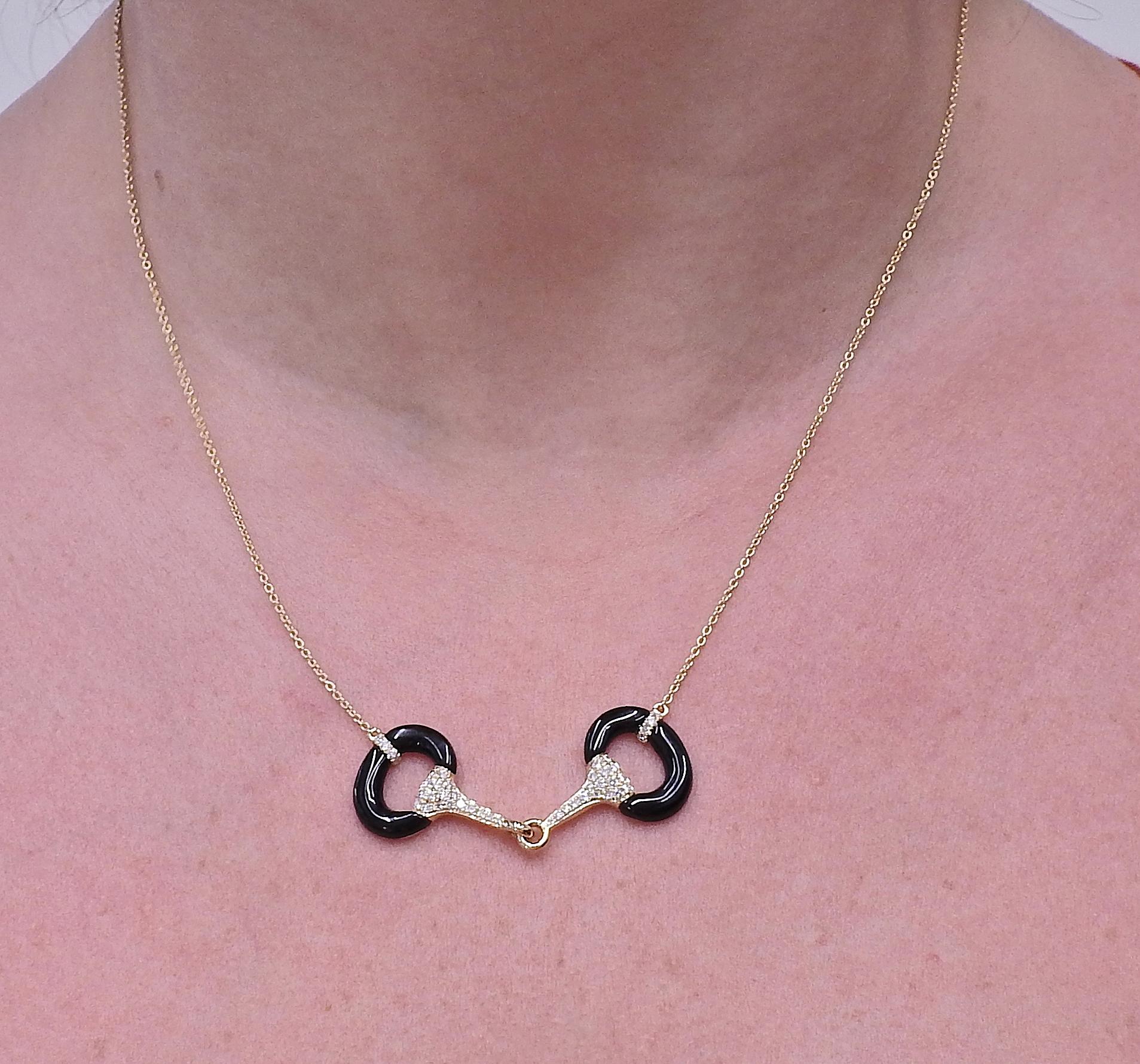 New with tag Doves by Doron Paloma 18k gold Horsebit necklace with pendant, set with onyx and 0.32ctw H/Vs diamonds. Necklace is 18