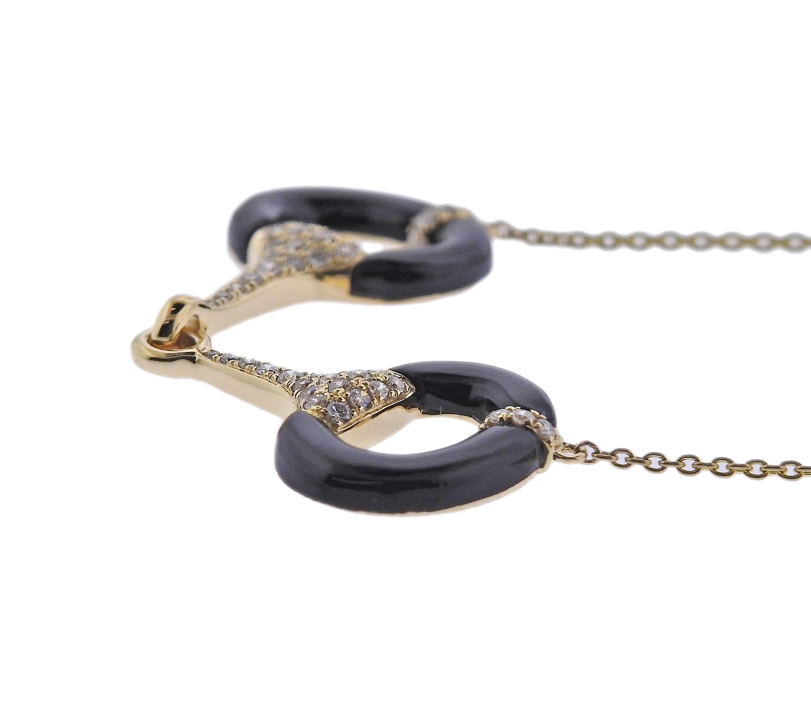Round Cut Doves Doron Paloma Onyx Diamond Gold Horsebit Pendant Necklace For Sale