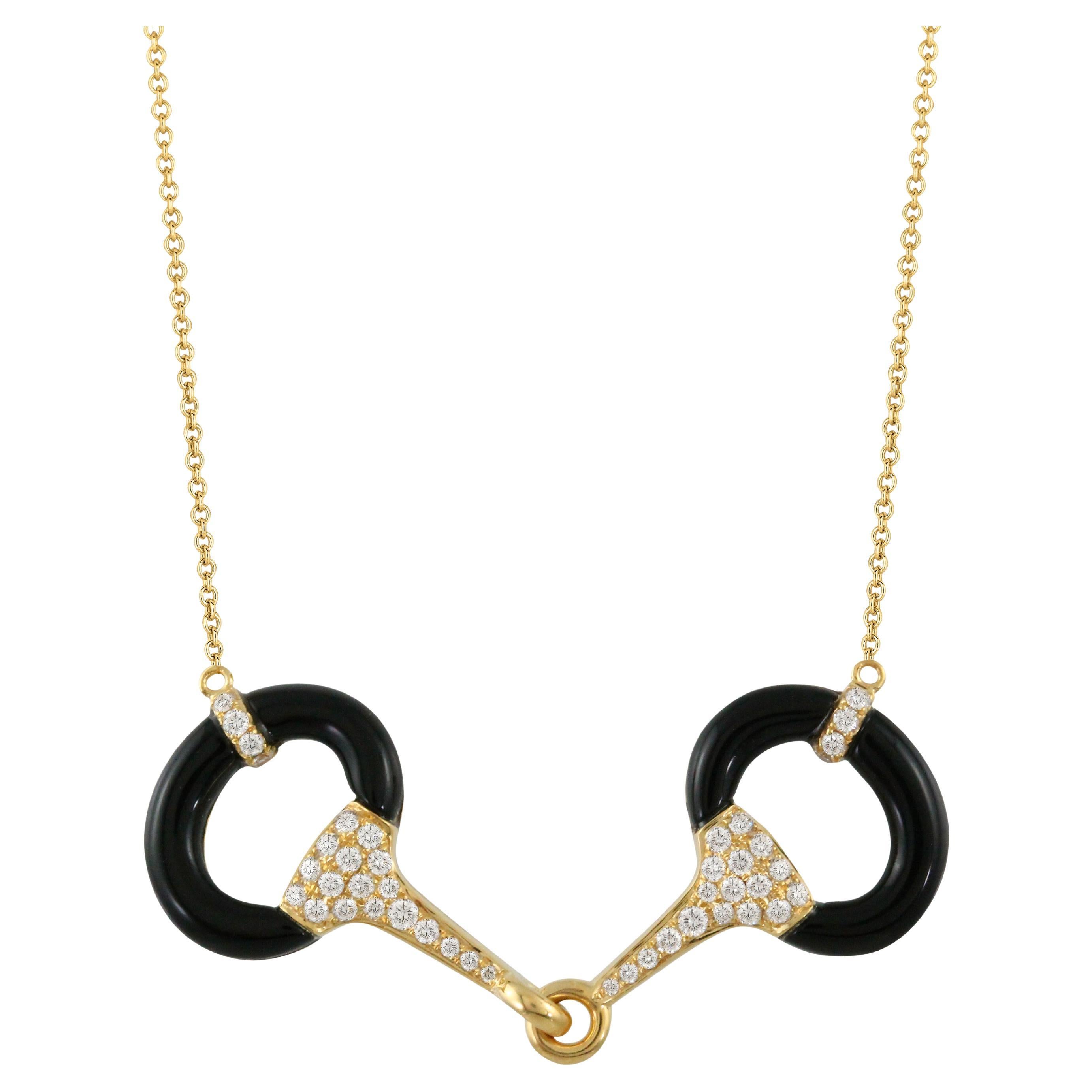 Doves Doron Paloma Onyx Diamond Gold Horsebit Pendant Necklace For Sale