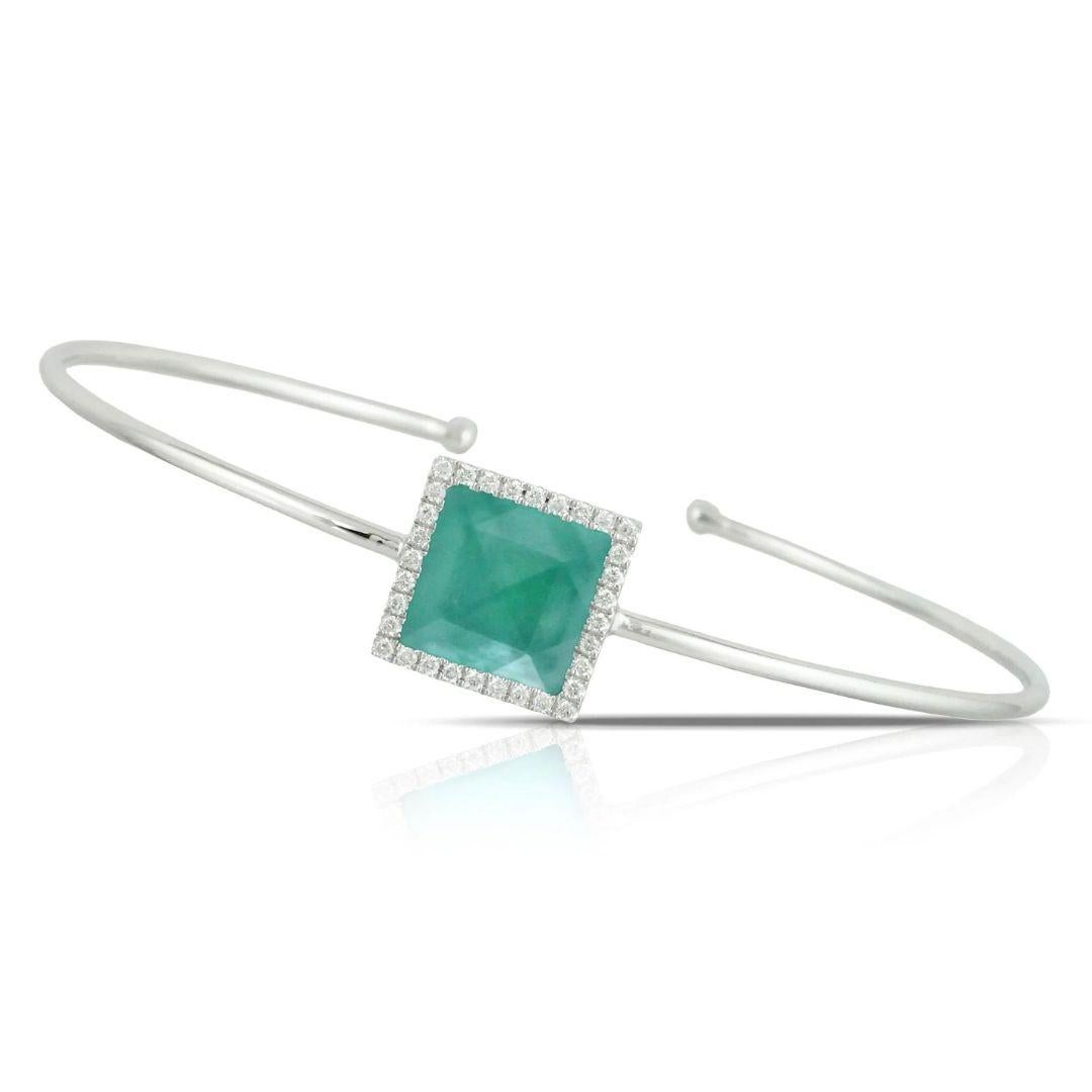 Doves 18k Cypress Grove White Gold Bangle. Elegant geometric shape with soft three dimensional colors from the combination of green amethyst, white mother of pearl and green agate. Surrounded by gorgeous round white diamonds, this bangle is a chic