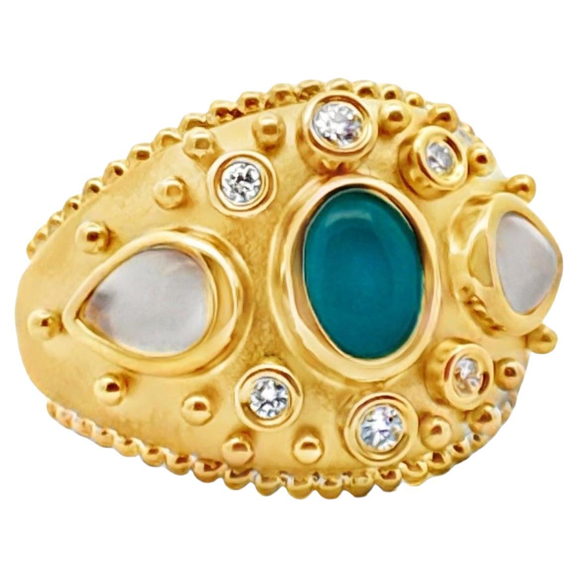 Doves Mother of Pearl and Turquoise Fashion Ring For Sale