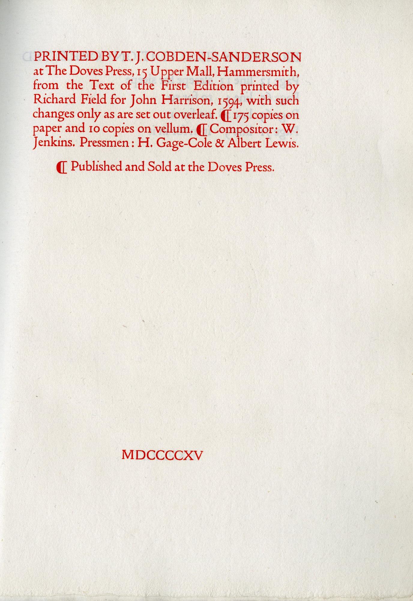 English DOVES PRESS - Lucrece - Shakespeare's The Rape of Lucrece - LIMITED EDITION For Sale
