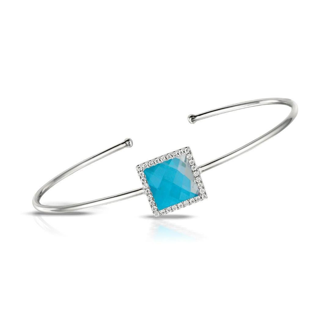 Doves 18k White Gold Bangle. Inspired by the sparkling turquoise waters and crystal seas of the Caribbean. Elegant square shape with soft three dimensional colors from a combination of Natural Arizona turquoise topped with clear white topaz.