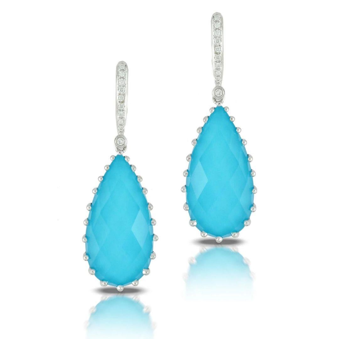 Doves St Barth's Blue 18k White Gold Earrings. Inspired by the sparkling turquoise waters and crystal seas of the Caribbean. Natural Arizona turquoise is topped with clear white topaz, and accented with pave set round white diamonds. Earrings