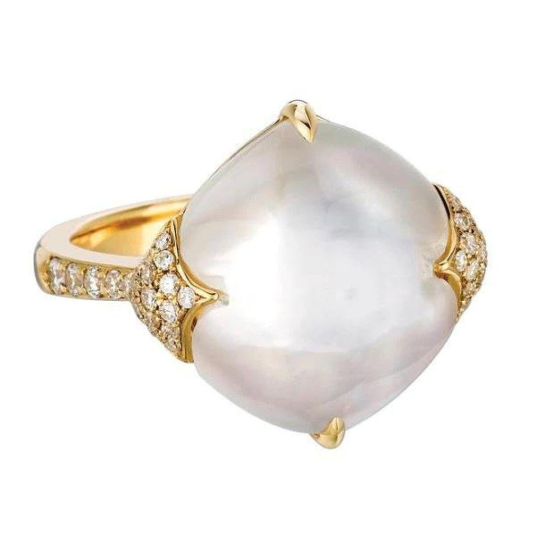 Doves White Orchid 18k Yellow Gold Ring. Incredible, iridescent reflections and luster of white mother of pearl are front and center. Offset by beautiful pave set white diamonds in 18k yellow gold. Ring contains forty eight brilliants with total