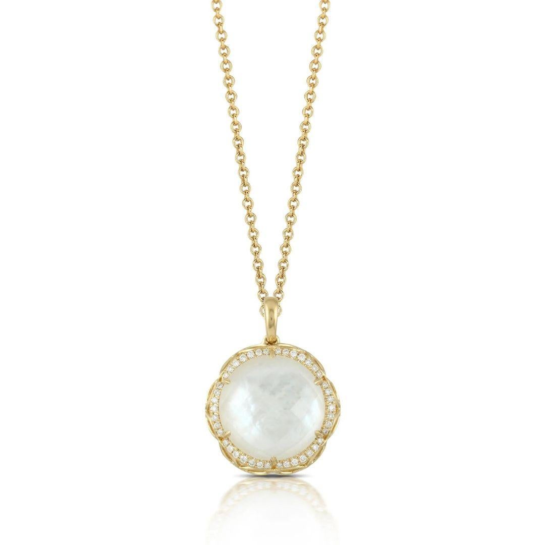 Doves White Orchid 18k Yellow Gold Pendant. Incredible, iridescent reflections and luster of white mother of pearl are front and center. Surrounded by beautiful pave set white diamonds in 18k yellow gold. Pendant contains forty two brilliants with