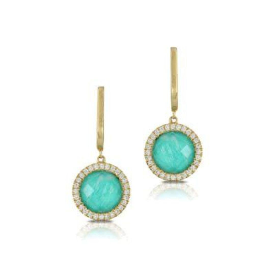 Round Cut   Doves Yellow Gold Amazonite, Diamonds, and White Topaz Earrings For Sale