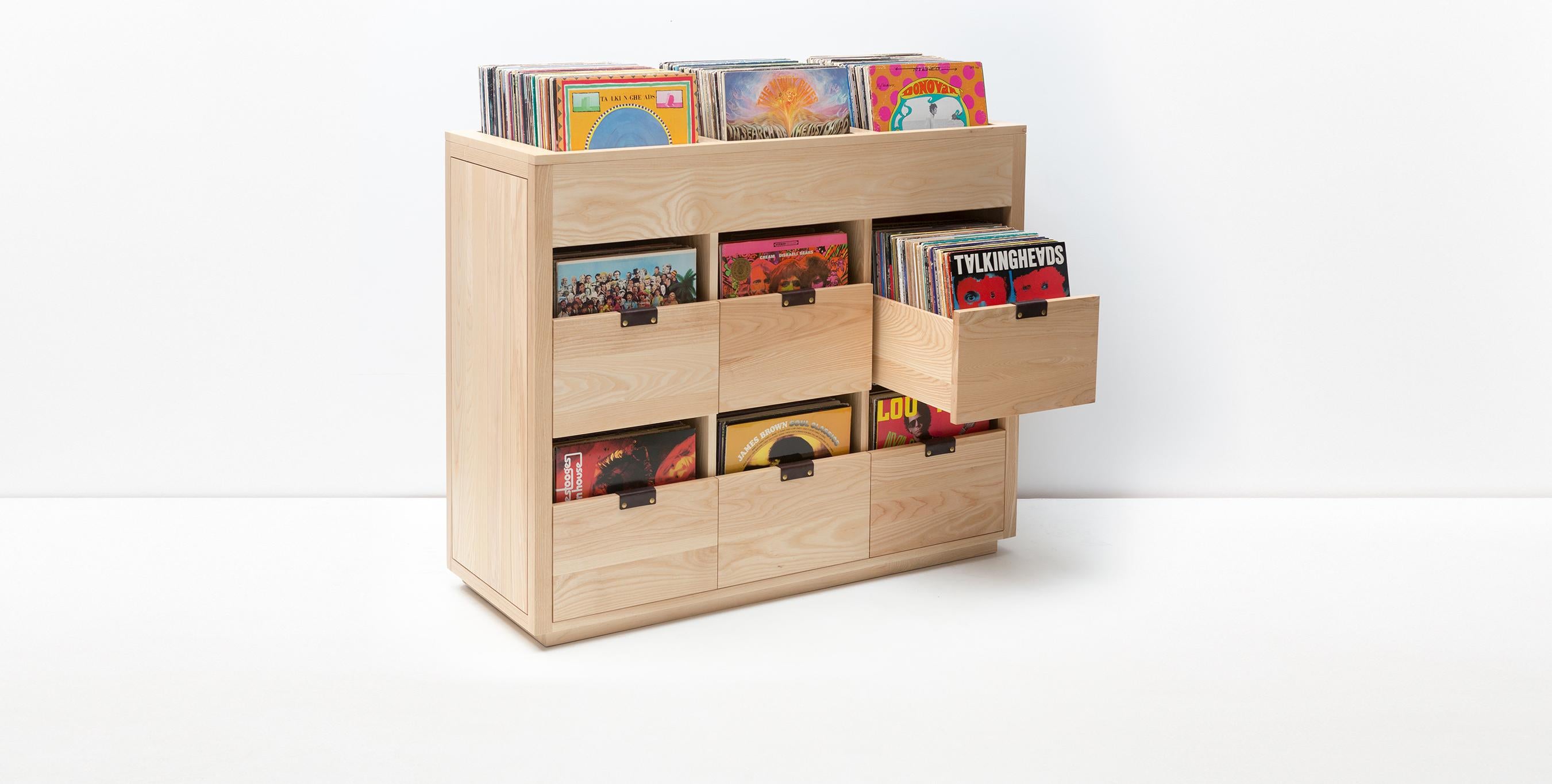 Machine-Made Dovetail 1 x 1 Vinyl Storage Cabinet Natural Walnut Single Drawer For Sale