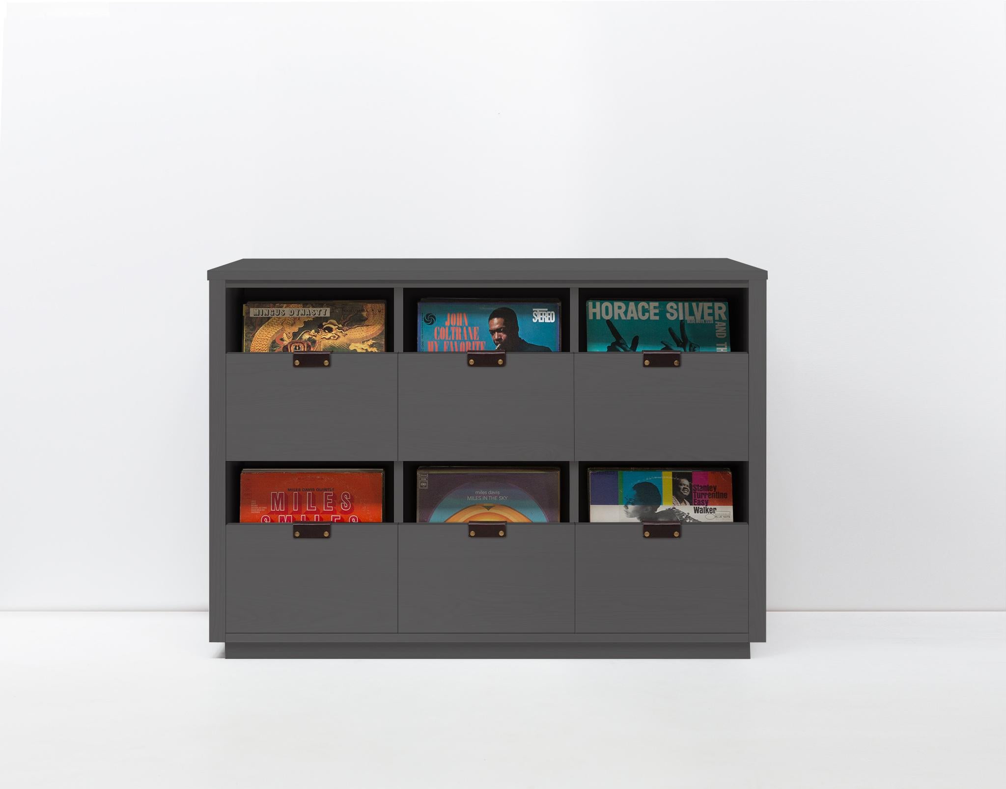 Brass Dovetail 1 x 2.5 Vinyl Storage Cabinet Solid Natural Walnut with Flip Bins For Sale