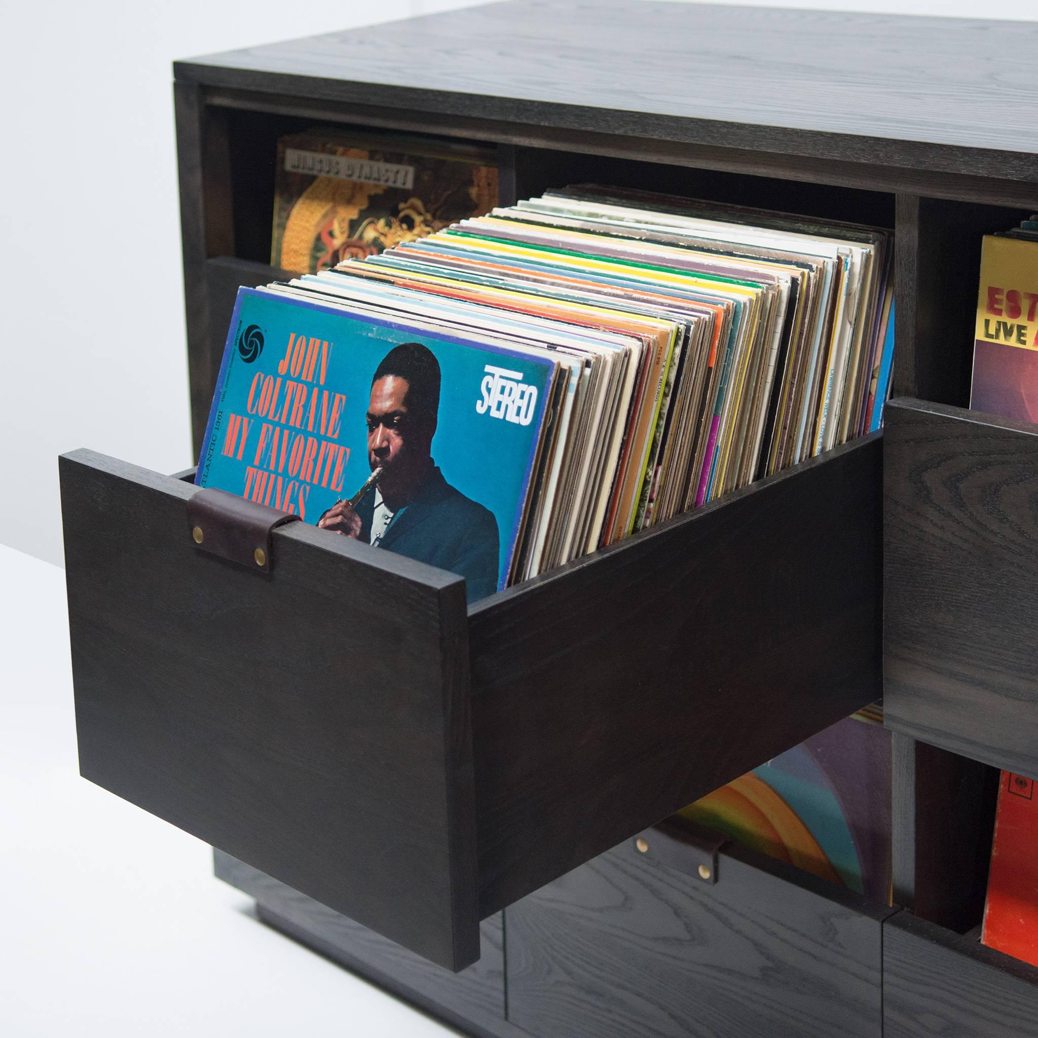 American Dovetail 1 x 2.5 Vinyl Storage Cabinet Solid Natural Walnut with Flip Bins For Sale