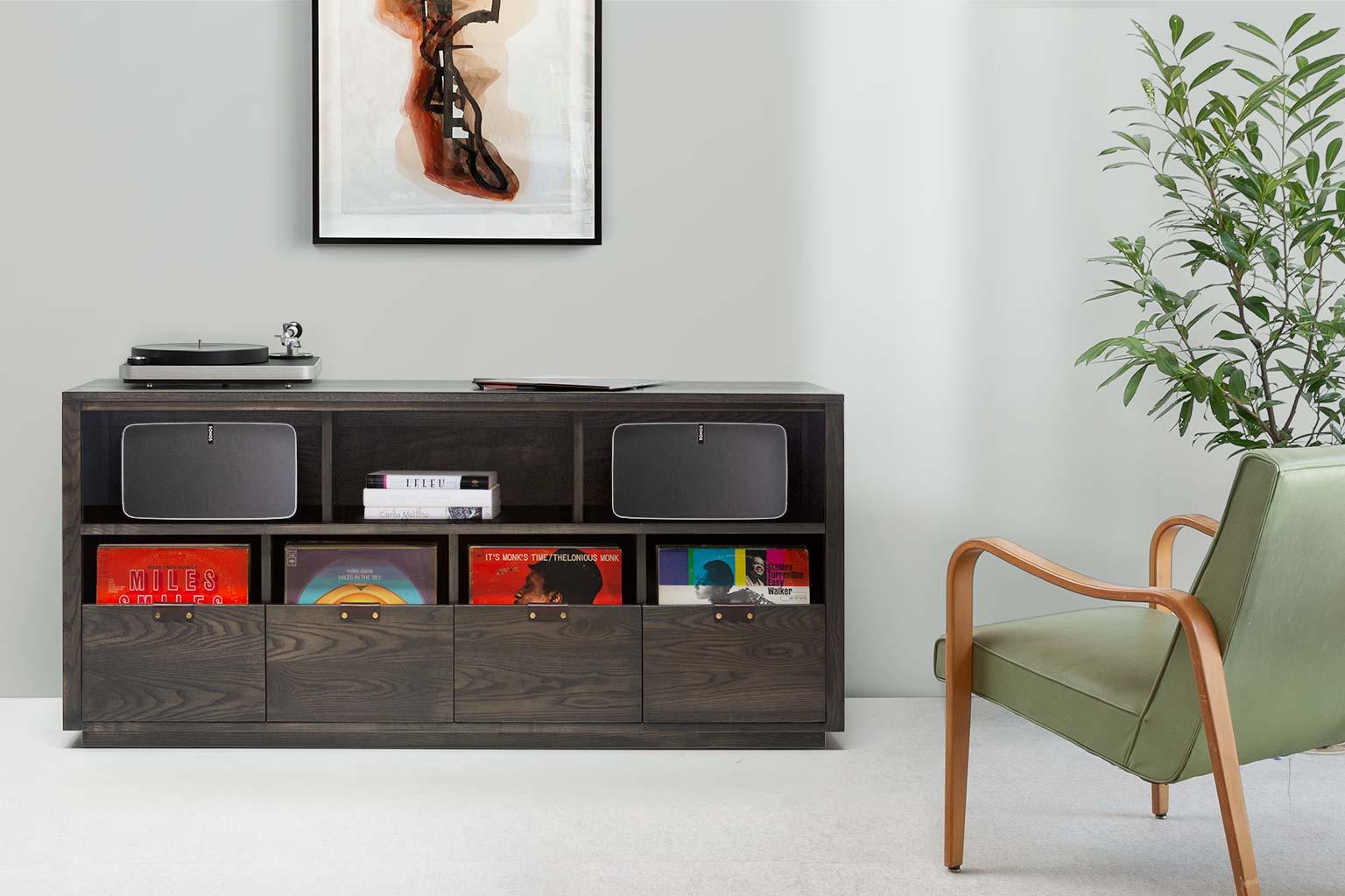 Modern Dovetail for Sonos Vinyl Storage Cabinet with Equipment Shelf For Sale