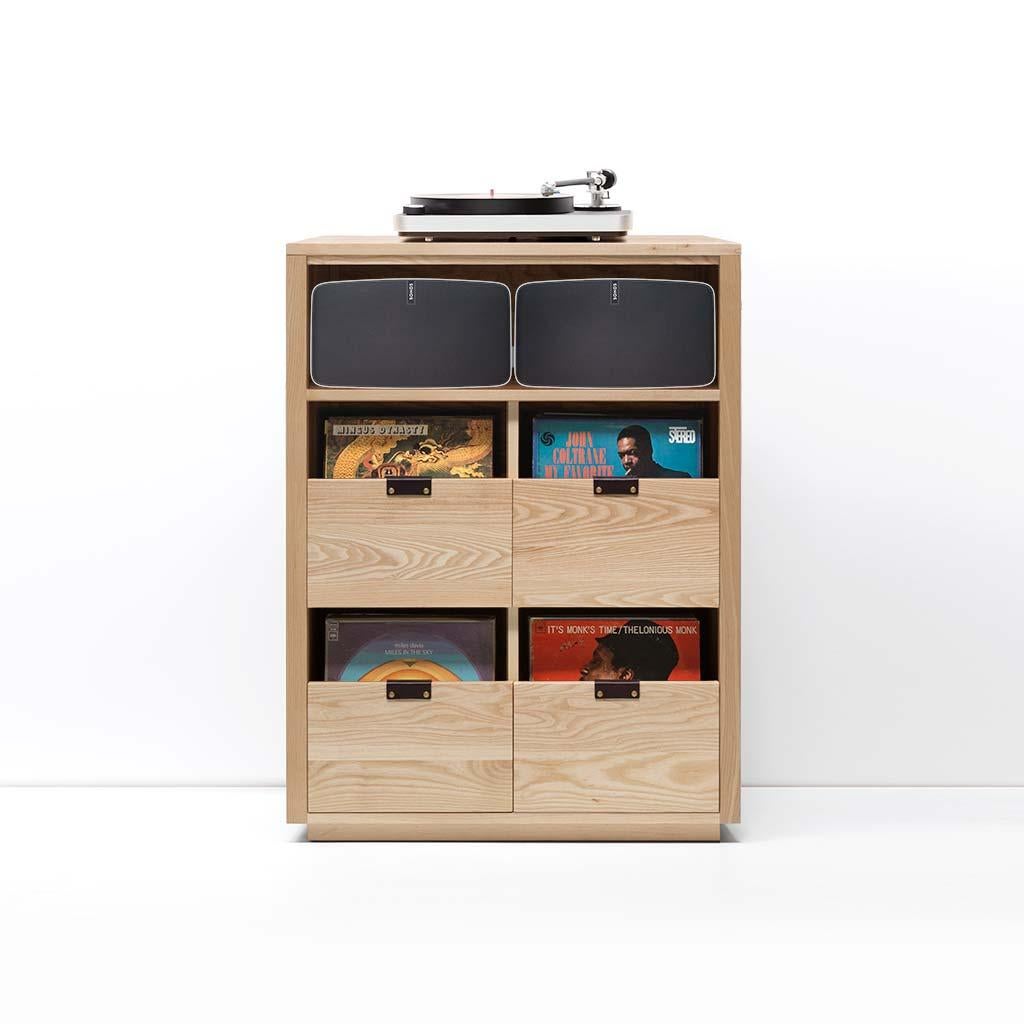 Our Dovetail Vinyl storage cabinets with equipment shelves are sized to fit the most popular Sonos speakers and works with Sonos One, Play 1, Play 3, Play 5, Beam, Playbase & Playbar. The drawers in our Dovetail cabinets utilize a “file drawer”