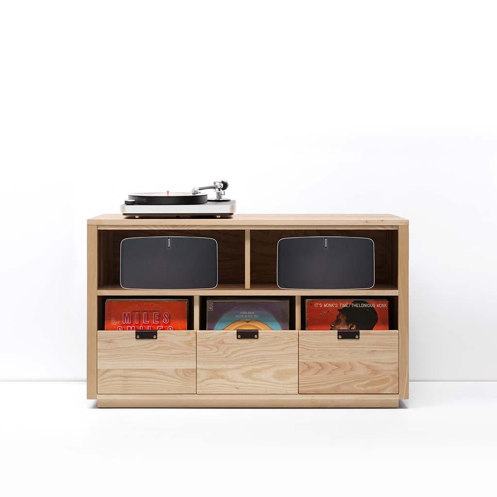 Our Dovetail vinyl storage cabinets with equipment shelves are sized to fit the most popular Sonos speakers and works with Sonos one, play 1, play 3, play 5, Beam, Playbase & Playbar. The drawers in our Dovetail cabinets utilize a “file drawer”