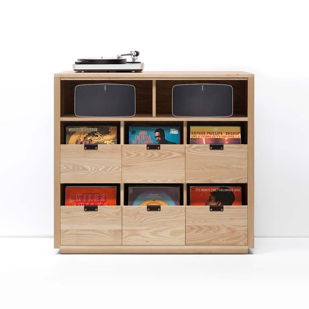 Our Dovetail Vinyl storage cabinets with equipment shelves are sized to fit the most popular Sonos speakers and works with Sonos one, play 1, play 3, play 5, Beam, Playbase & Playbar. The drawers in our Dovetail cabinets utilize a “file drawer”