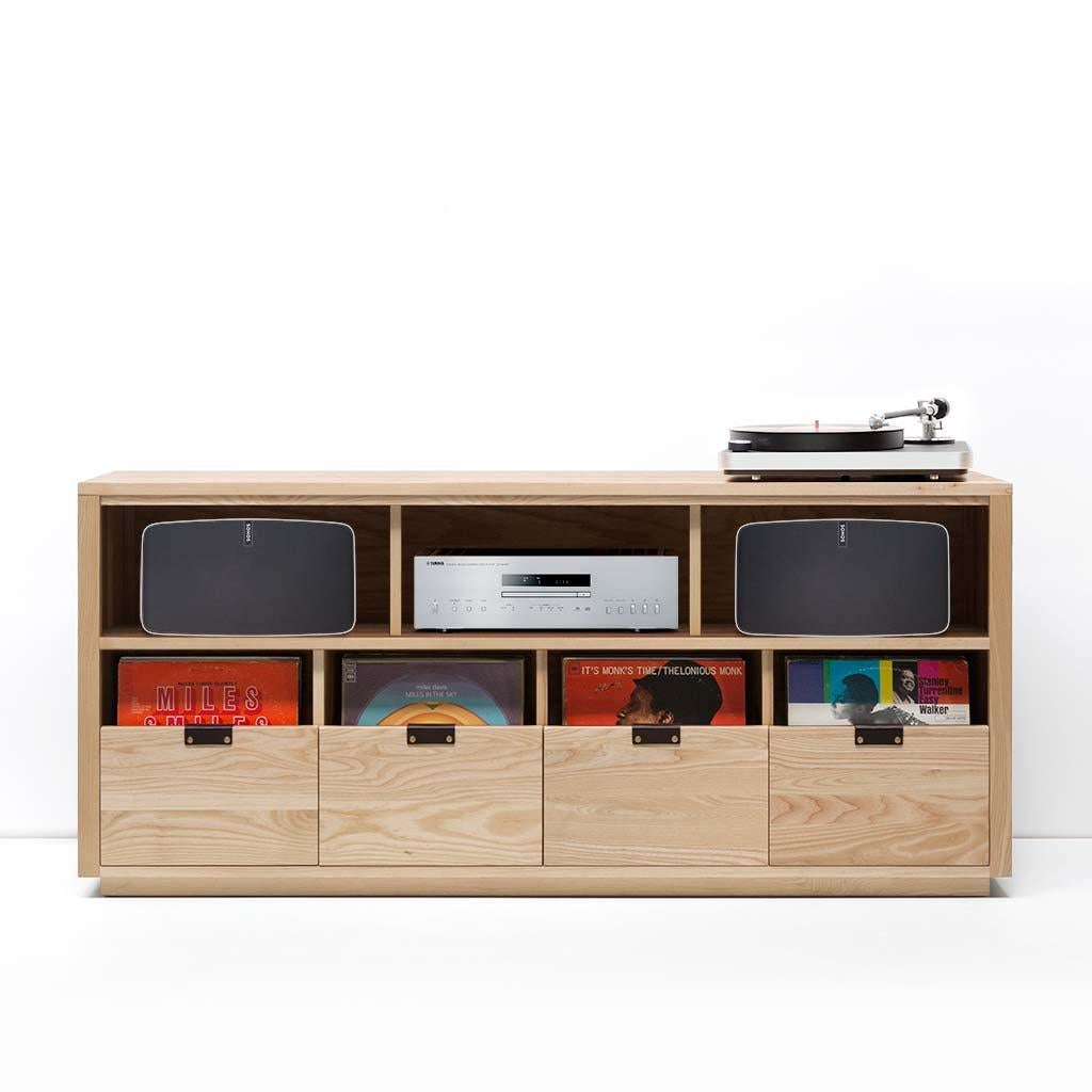 Our Dovetail Vinyl storage cabinets with equipment shelves are sized to fit the most popular Sonos speakers and works with Sonos one, play 1, play 3, play 5, beam, playbase and playbar. The drawers in our Dovetail cabinets utilize a “file drawer”