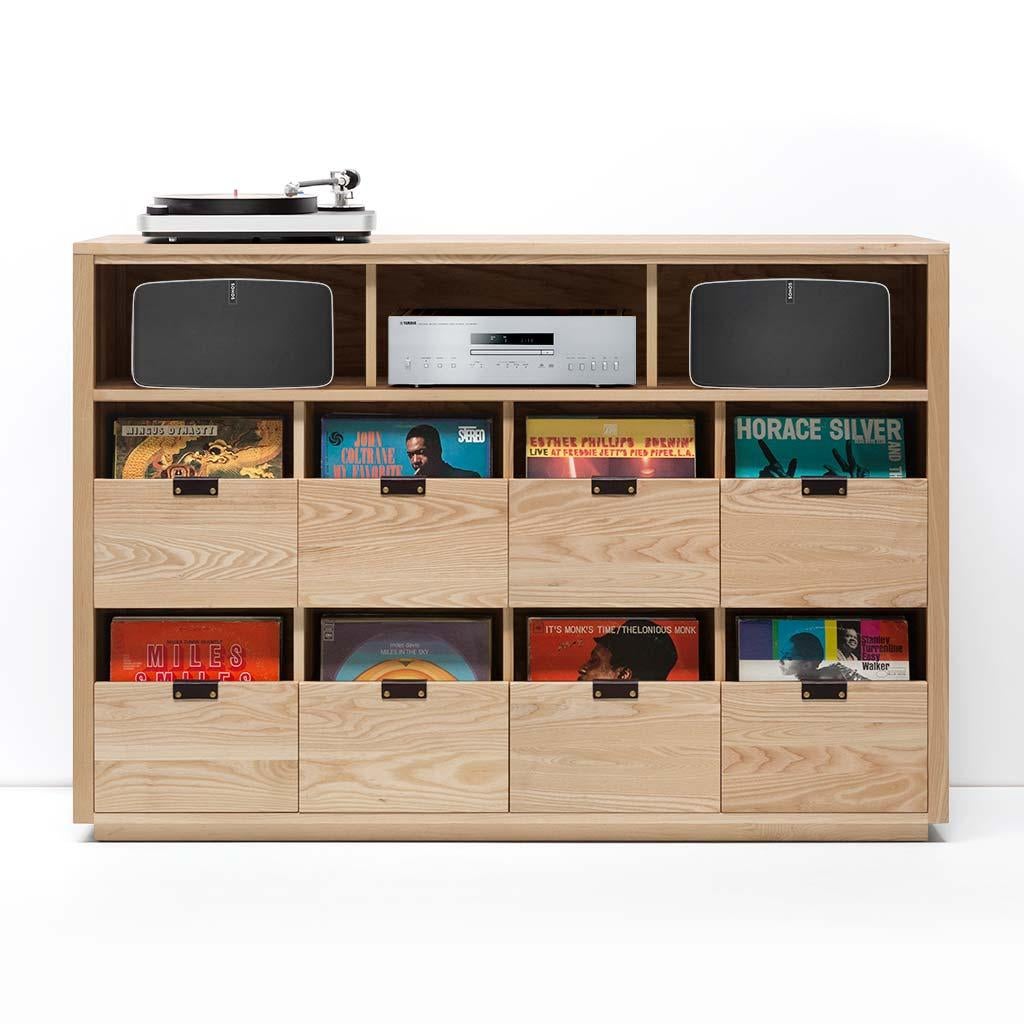 Our Dovetail Vinyl storage cabinets with equipment shelves are sized to fit the most popular Sonos speakers and works with Sonos one, play 1, play 3, play 5, beam, Playbase & Playbar. The drawers in our Dovetail cabinets utilize a “file drawer”