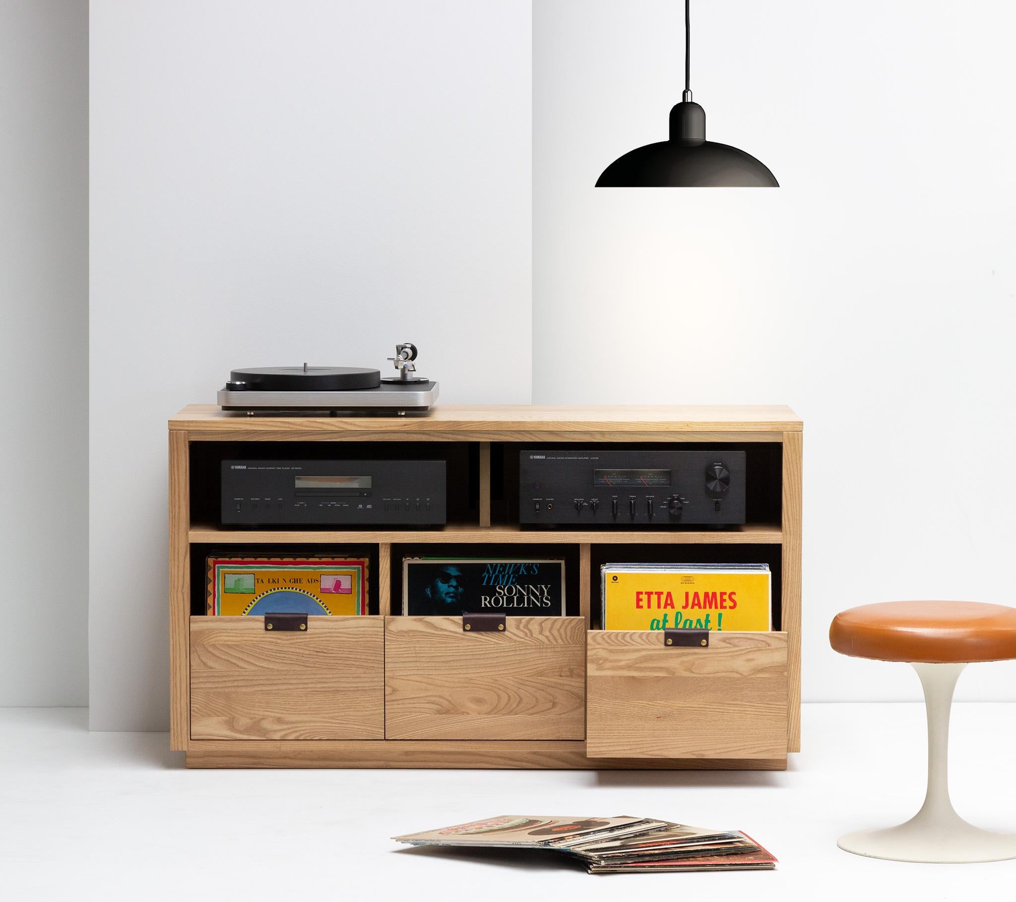 Modern Dovetail Vinyl Storage Cabinet 3 x 1.5 with Equipment Shelf For Sale