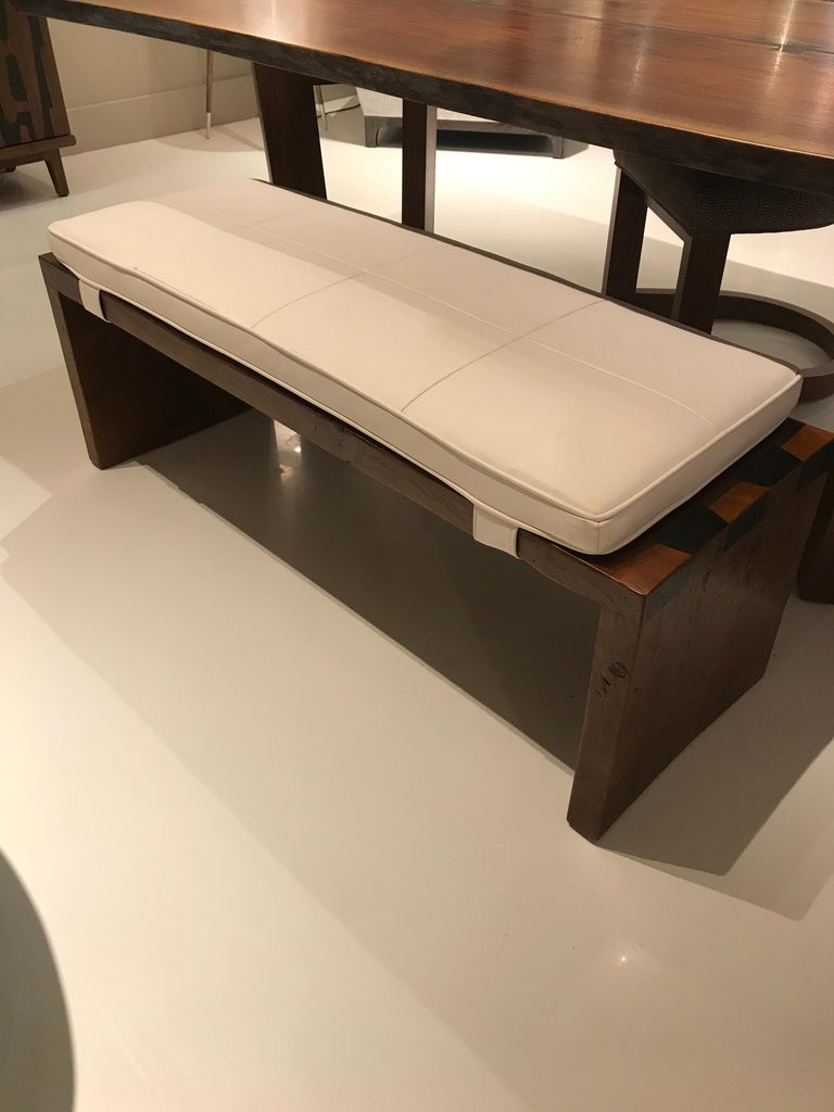 Dovetail Wood Bench with Dark Brown Leather Seat by Powell and Bonnell