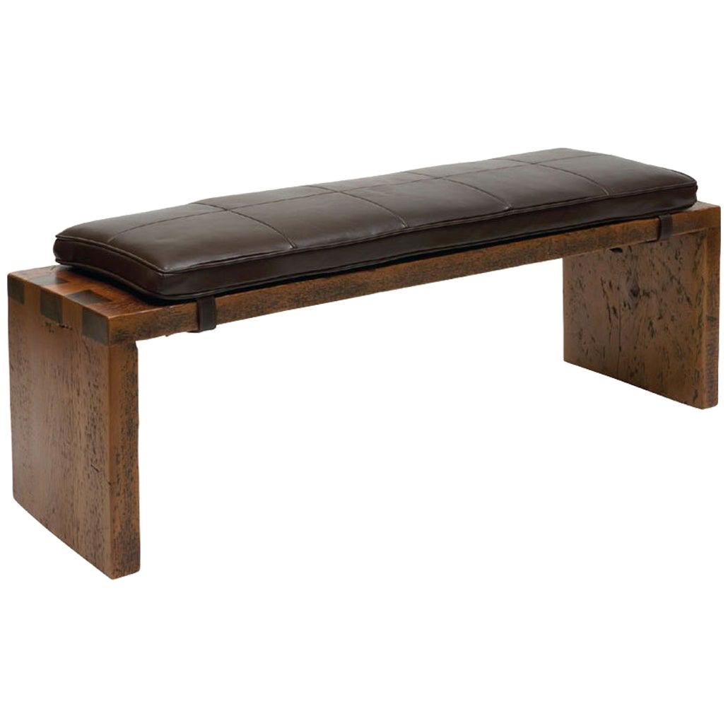 Dovetail Wood Bench with Dark Brown Leather Seat by Powell & Bonnell For Sale