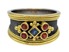 Dovris Red and Blue Sapphire Rope Detail Band Ring in 18 Karat Yellow Gold