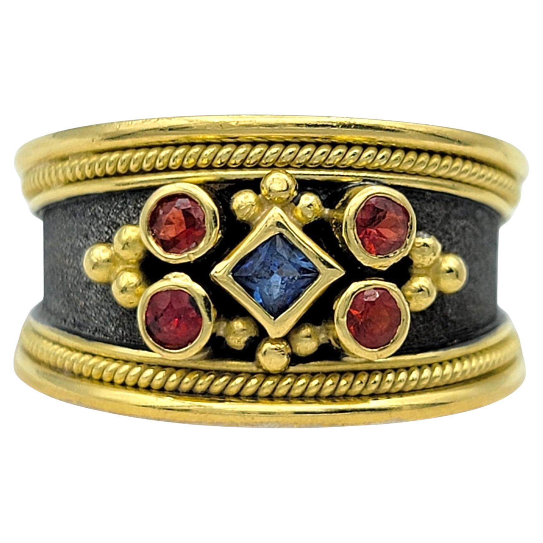 Dovris Red and Blue Sapphire Rope Detail Band Ring in 18 Karat Yellow Gold