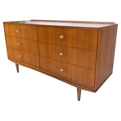 Dowel Tapered Leg Walnut 6 Drawers Mid Century Dresser w/ Back Splash Mint Cond