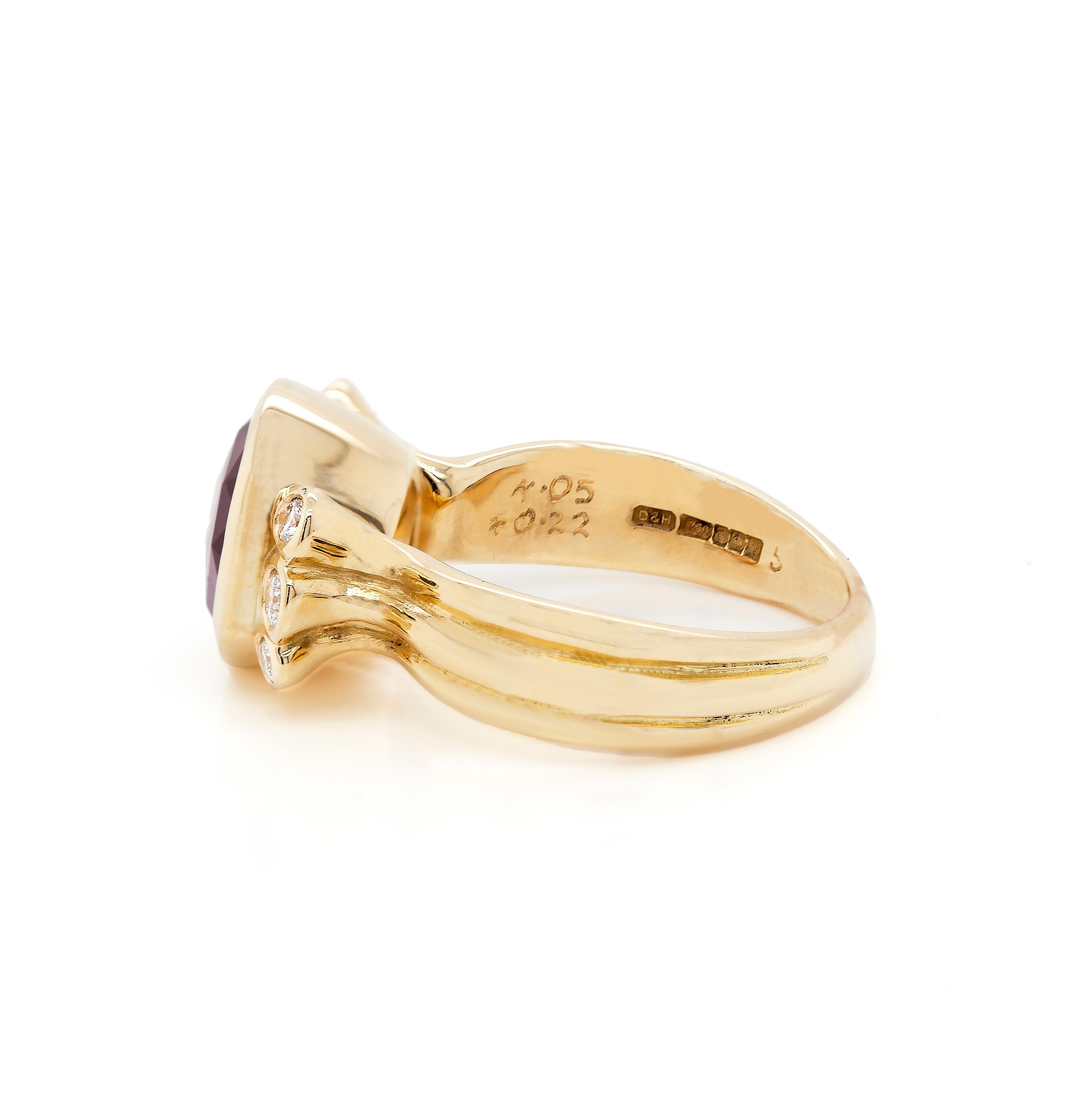 Add a touch of colour to your jewellery collection with this bold and fascinating cocktail ring by Dower and Hall, expertly crafted from 18 carat yellow gold.

The charming ring features a vibrant and eye clean pink tourmaline, boasting an