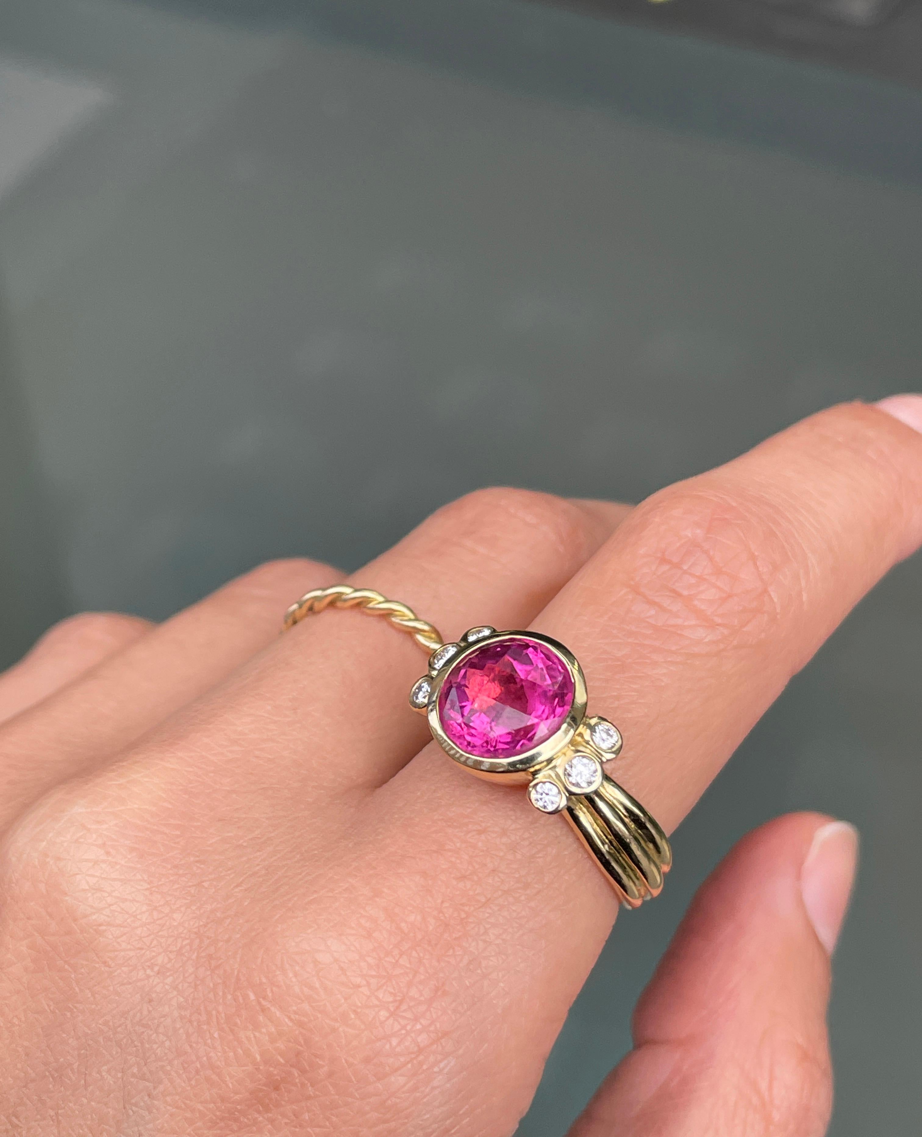 Dower and Hall 4.05ct Round Pink Tourmaline and Diamond 18ct Gold Dress Ring In Excellent Condition For Sale In London, GB