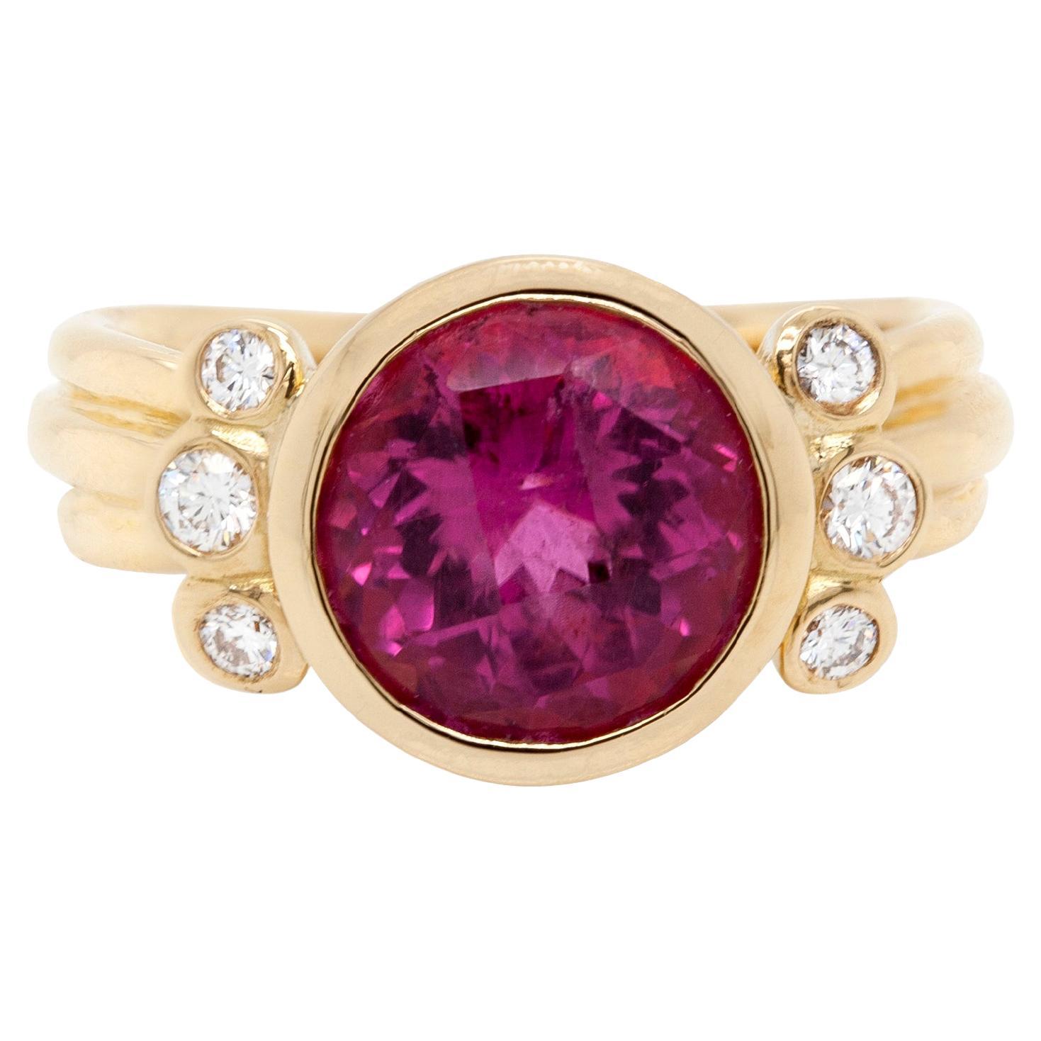 Dower and Hall 4.05ct Round Pink Tourmaline and Diamond 18ct Gold Dress Ring For Sale