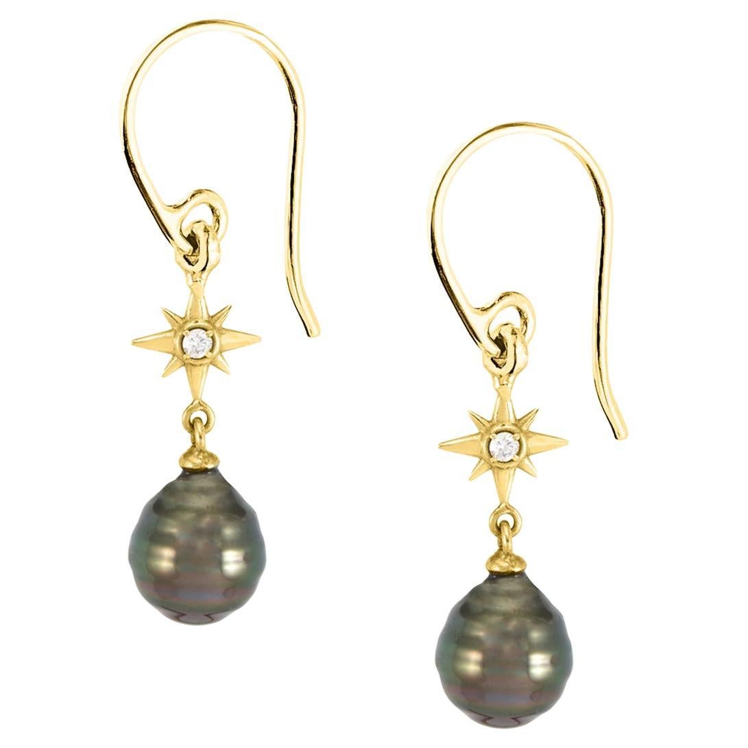 Dower & Hall 14k Gold & Diamond North Star Ear-Drops with Tahitian Pearl For Sale