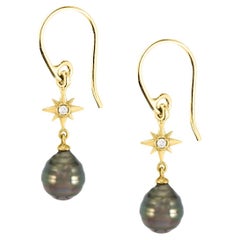 Dower & Hall 14k Gold & Diamond North Star Ear-Drops with Tahitian Pearl