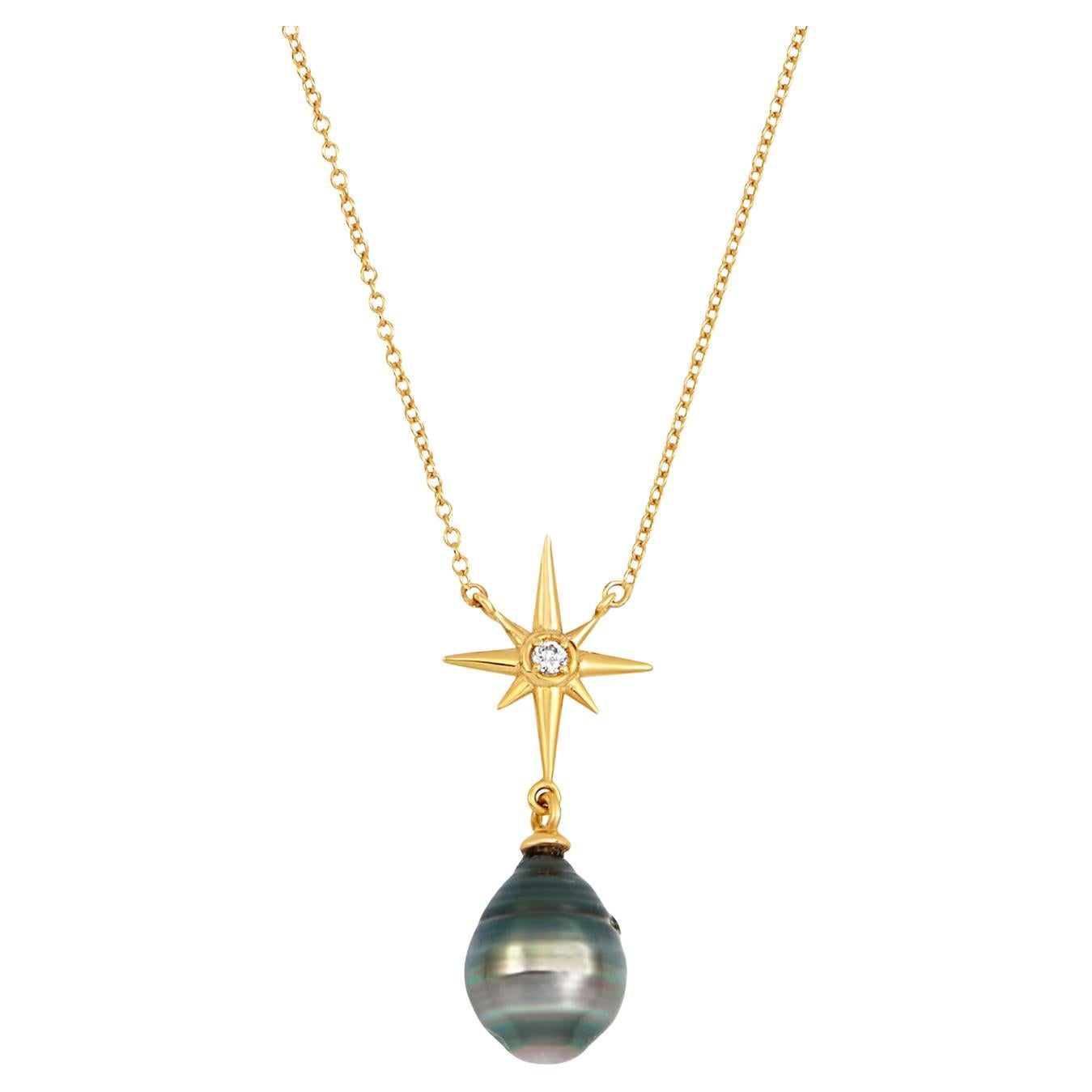 Dower & Hall 14k Gold North Star Pendant with Tahitian Pearl For Sale