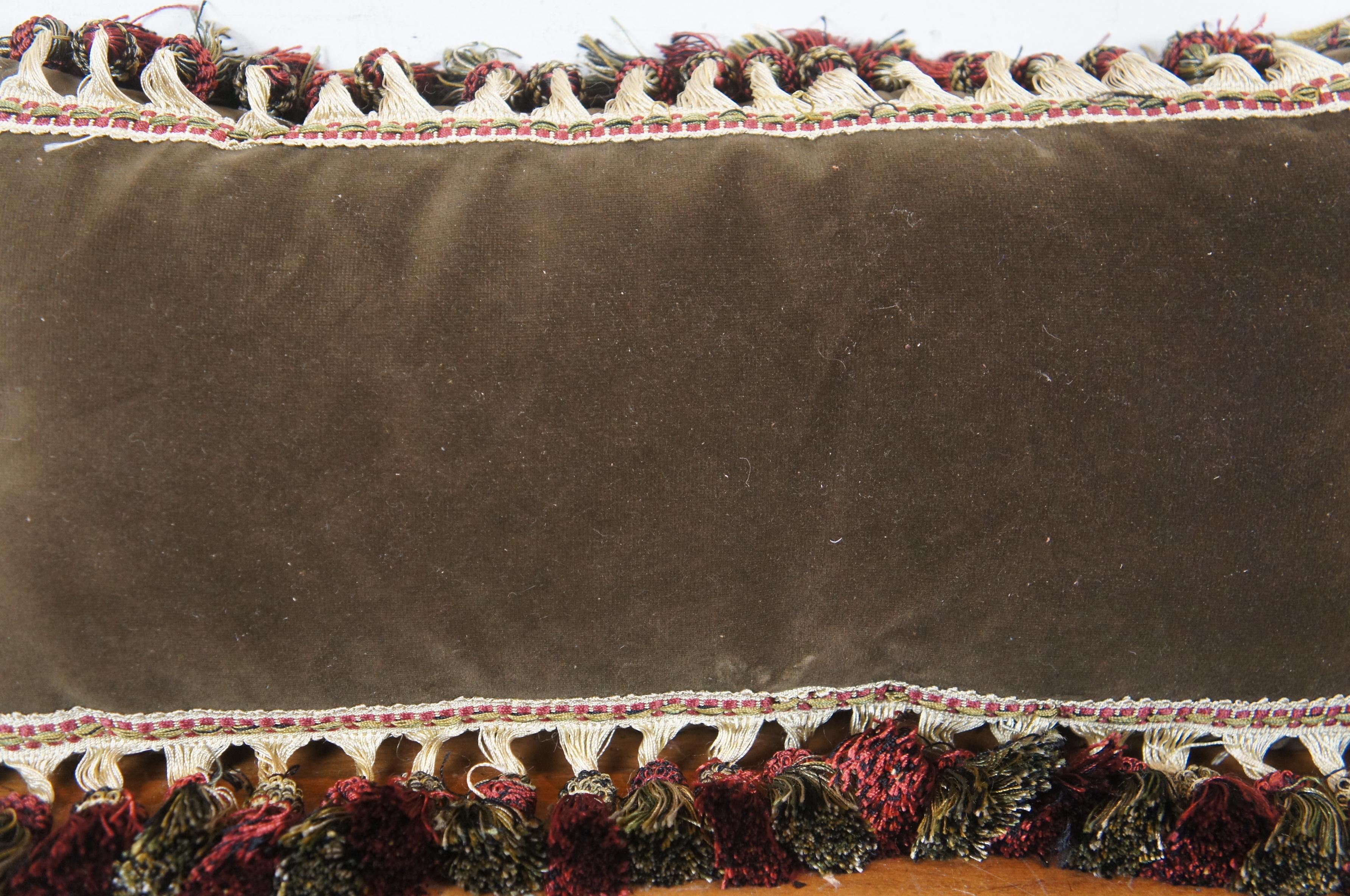20th Century Down Filled Brown Velour Velvet Tassel Rectangular Lumbar Throw Pillow 9