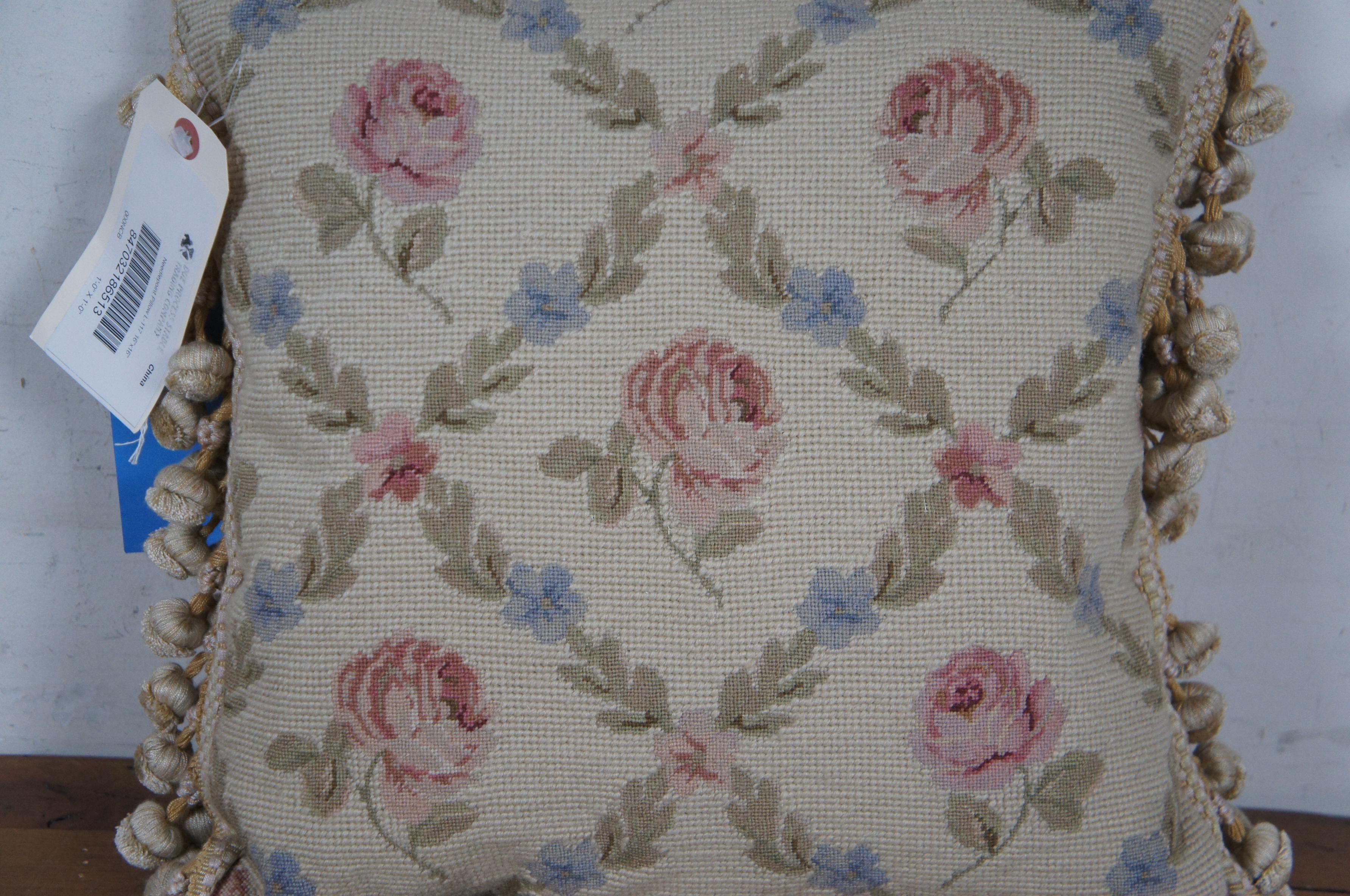 20th Century Down Filled Floral Crossed Roses Needlepoint Tassel Lumbar Throw Pillow 16
