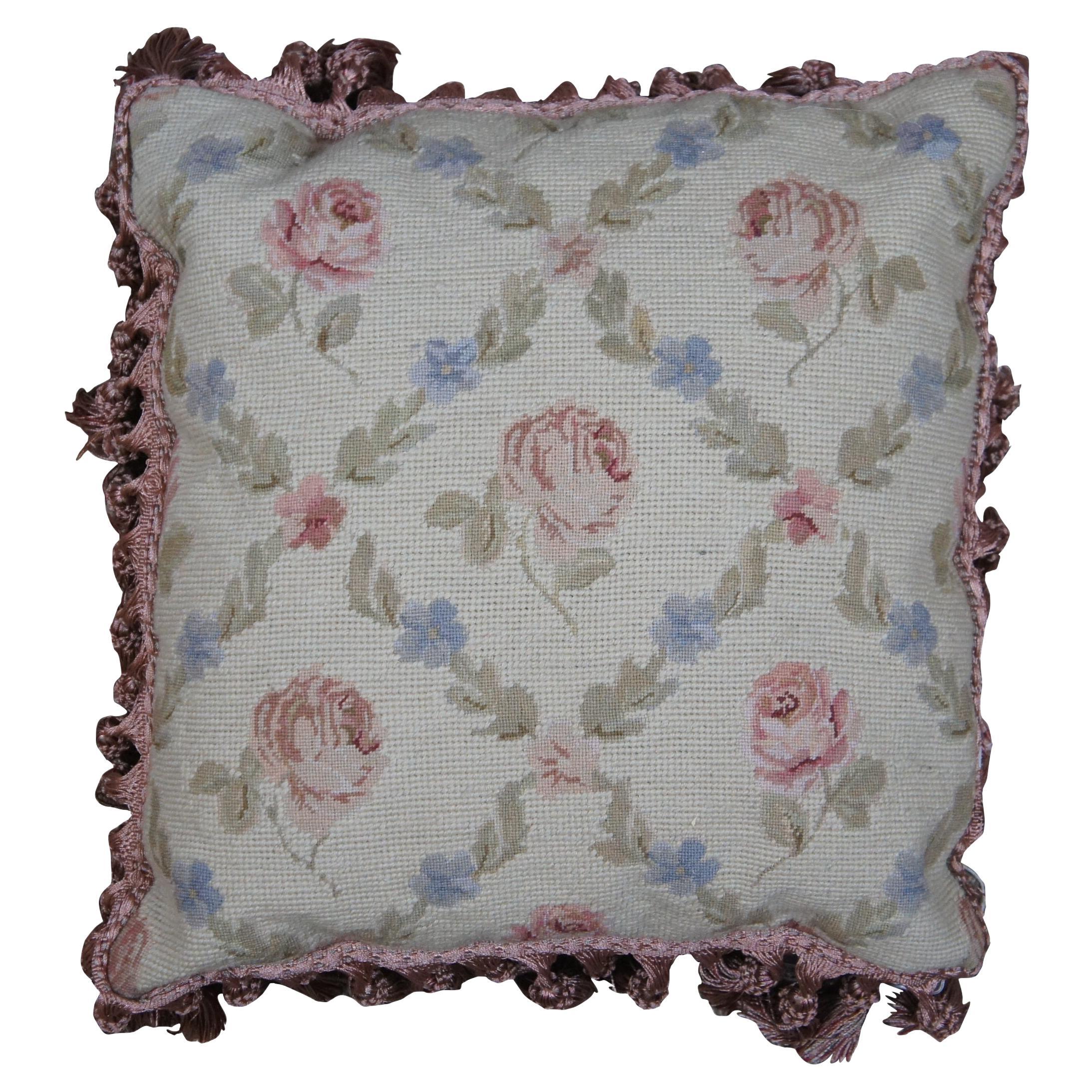 Down Filled Floral Crossed Roses Needlepoint Tassel Lumbar Throw Pillow 16"