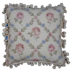 Down Filled Floral Crossed Roses Needlepoint Tassel Lumbar Throw Pillow 16"