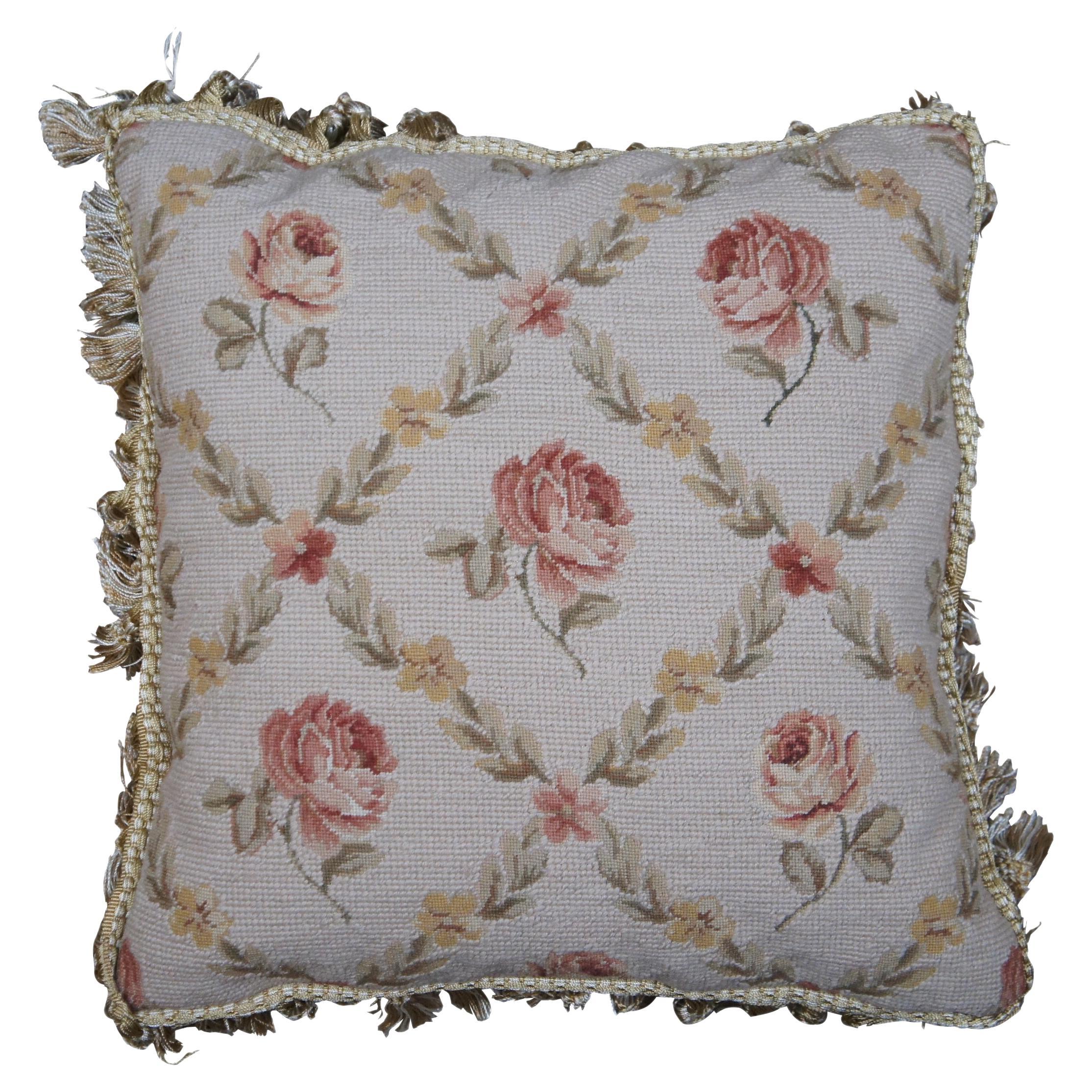 Down Filled Floral Crossed Roses Needlepoint Tassel Lumbar Throw Pillow 16"