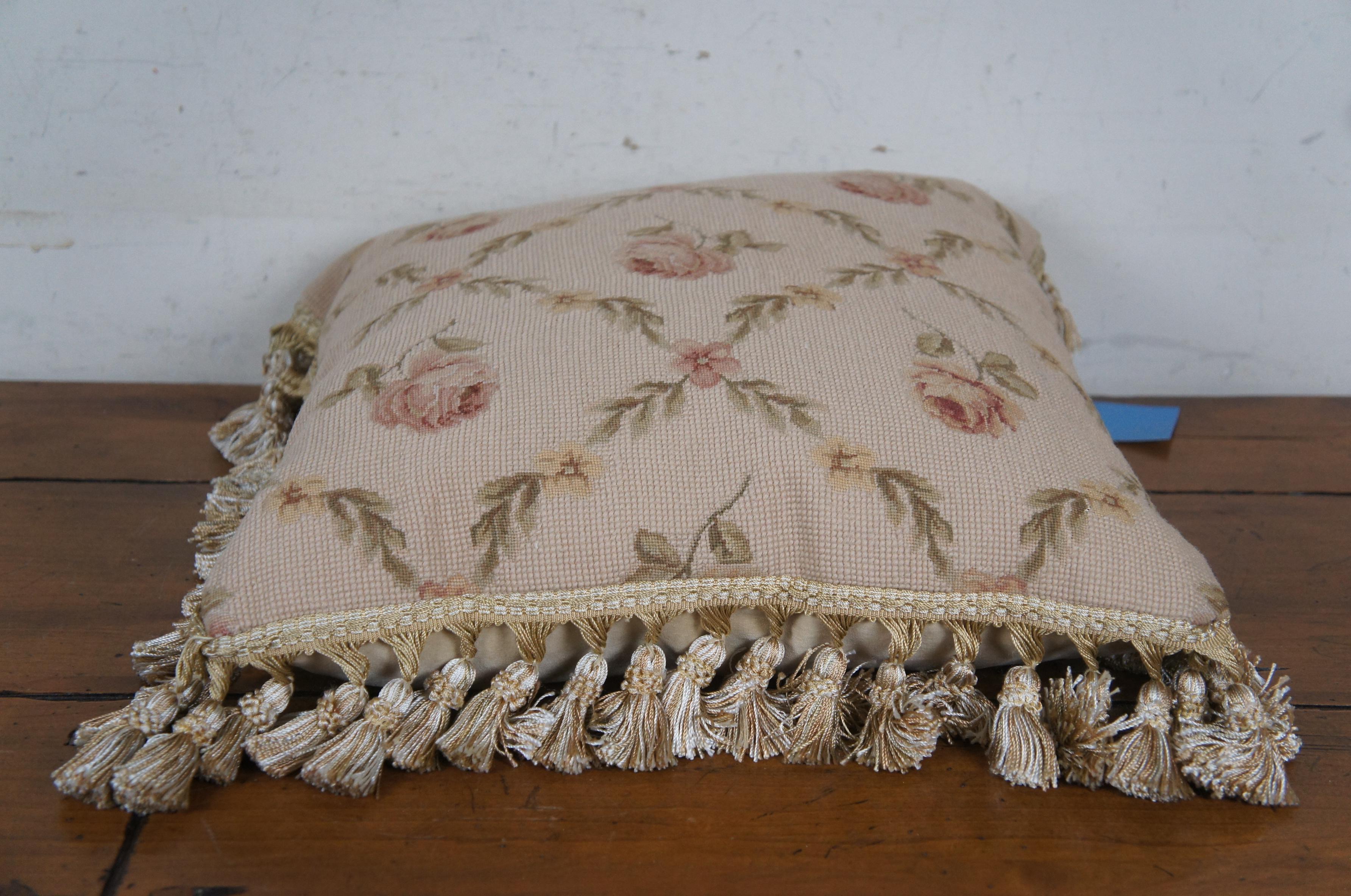 Down Filled Floral Crossed Roses Needlepoint Tassel Lumbar Throw Pillow 18
