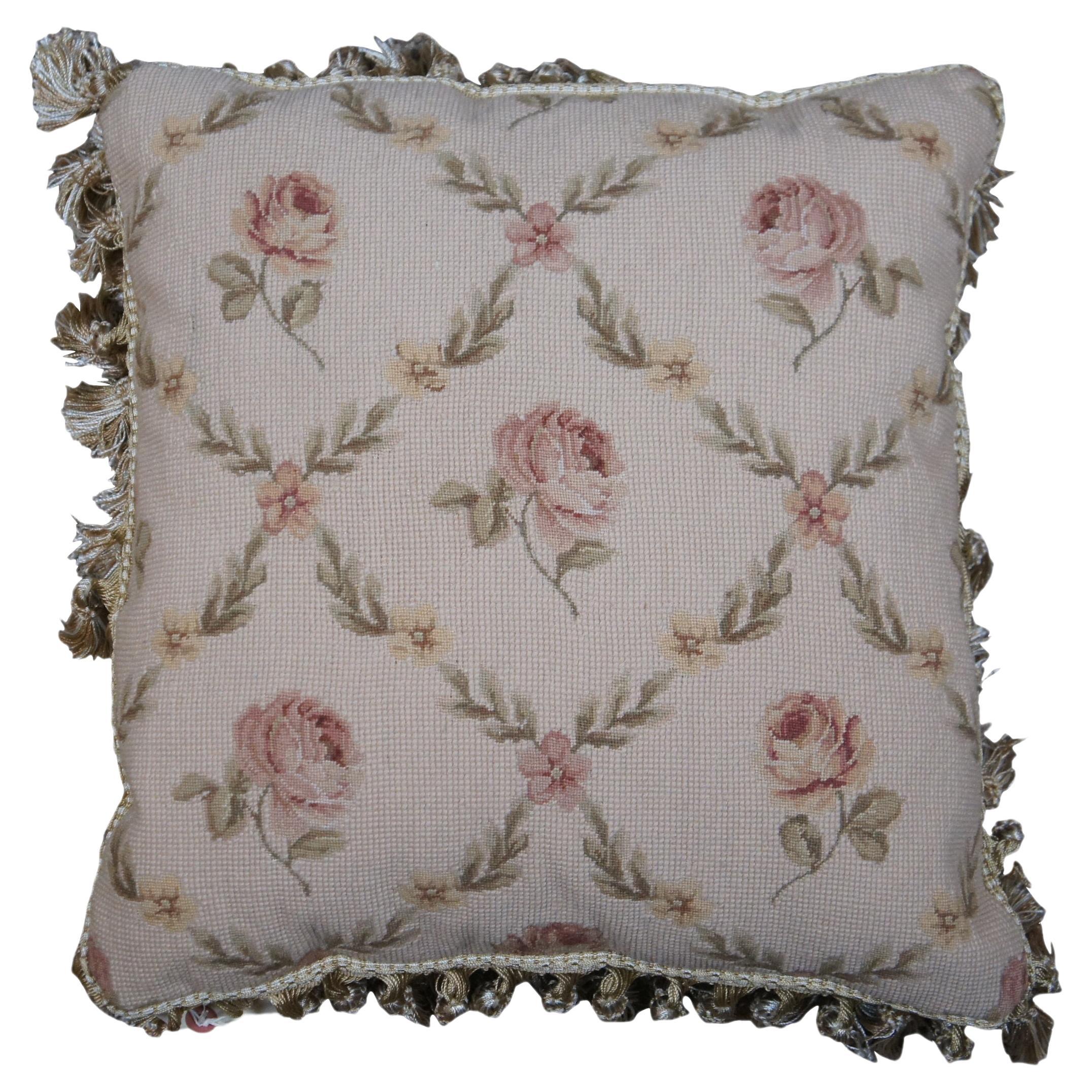 Down Filled Floral Crossed Roses Needlepoint Tassel Lumbar Throw Pillow 18"