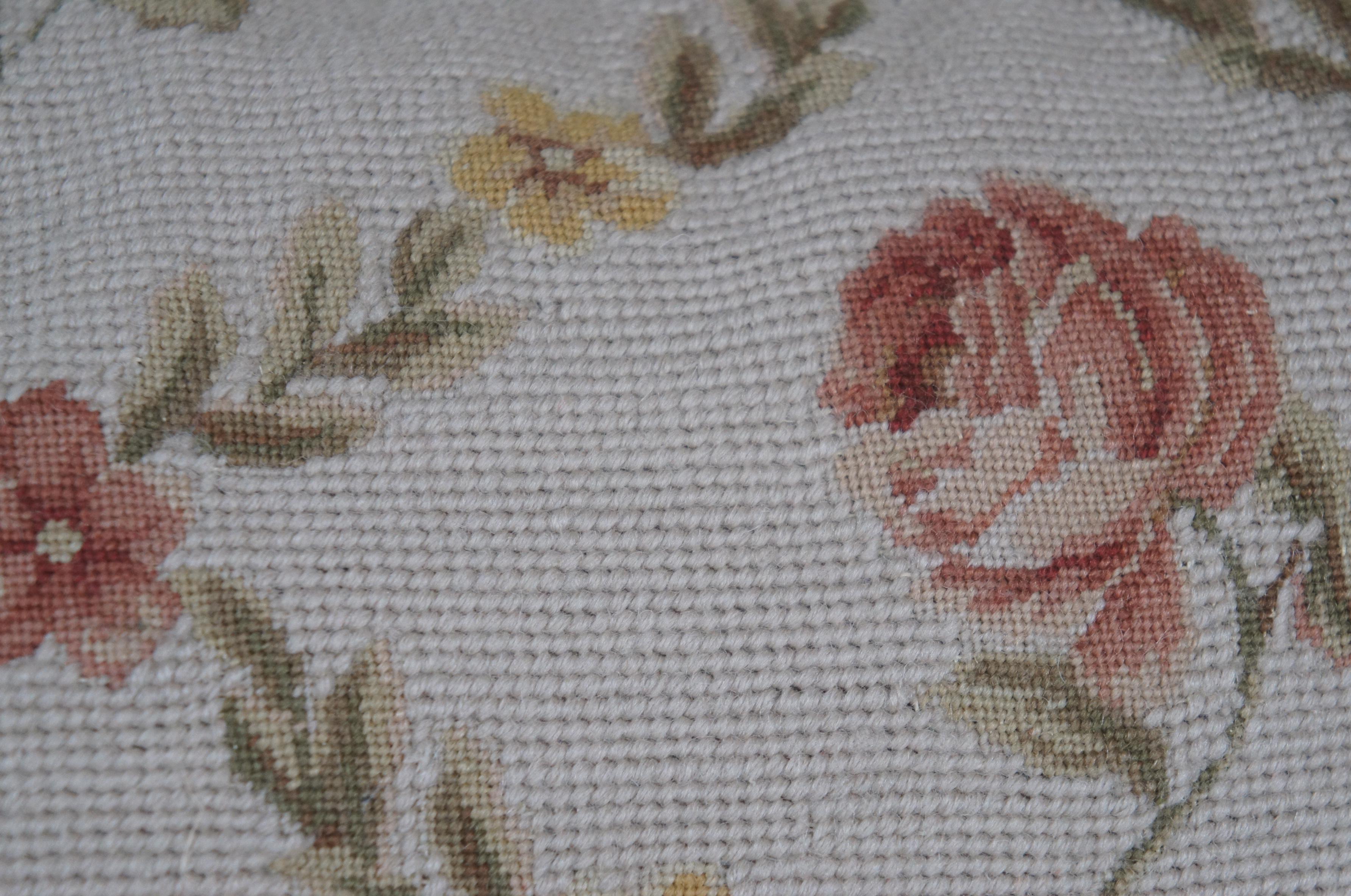 Textile Down Filled Floral Crossed Roses Needlepoint Tassel Lumbar Throw Pillow 20
