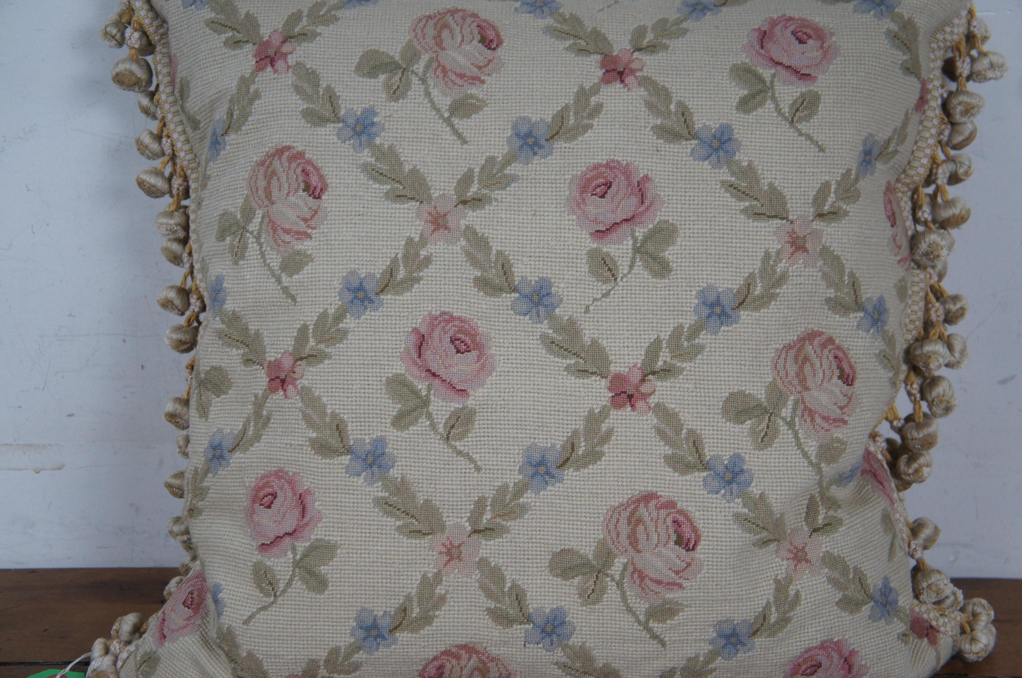 20th Century Down Filled Floral Crossed Roses Needlepoint Tassel Lumbar Throw Pillow 22