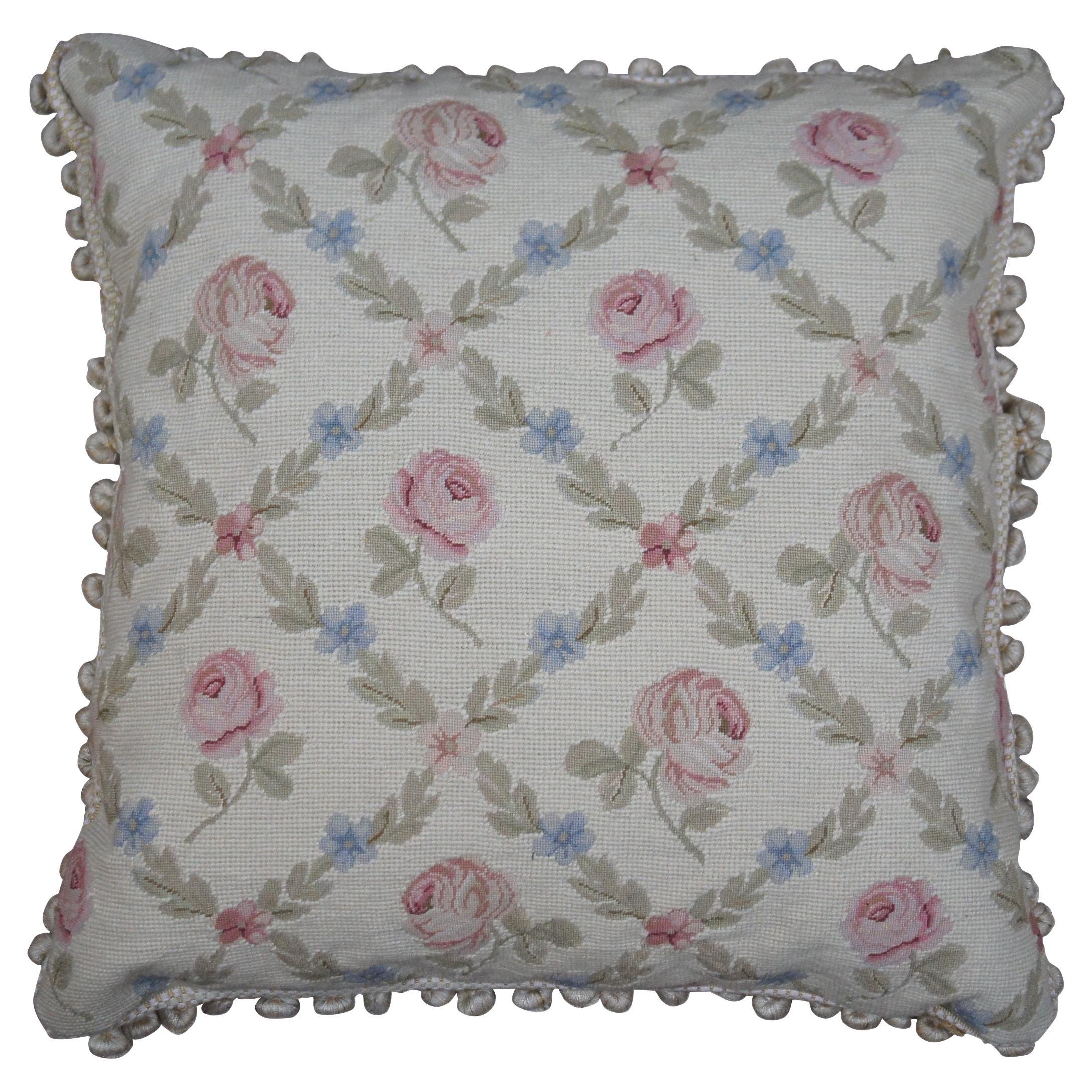 Down Filled Floral Crossed Roses Needlepoint Tassel Lumbar Throw Pillow 22"