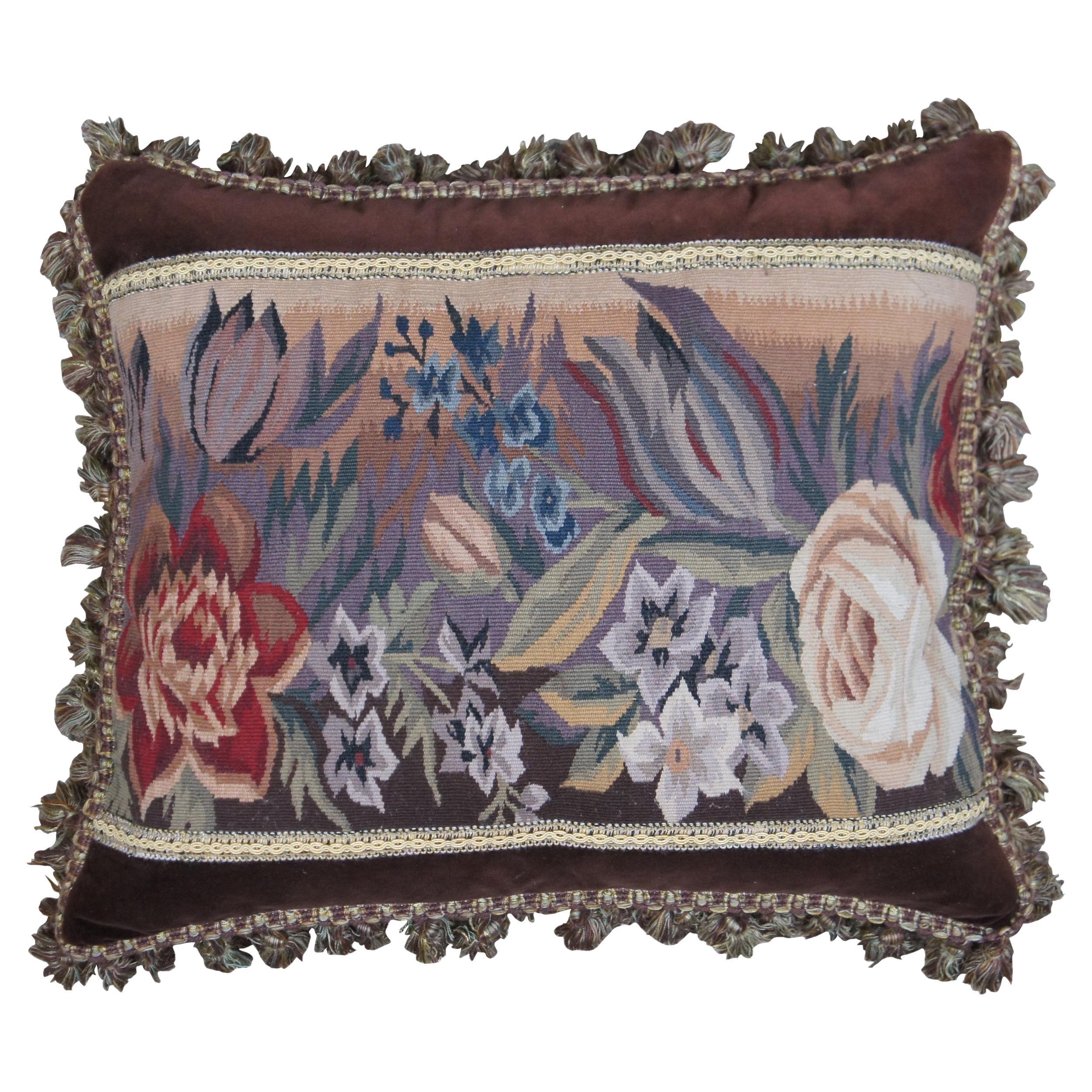 Down Filled  Floral Embroidered Brown Velvet Tassel Lumbar Throw Pillow 22"
