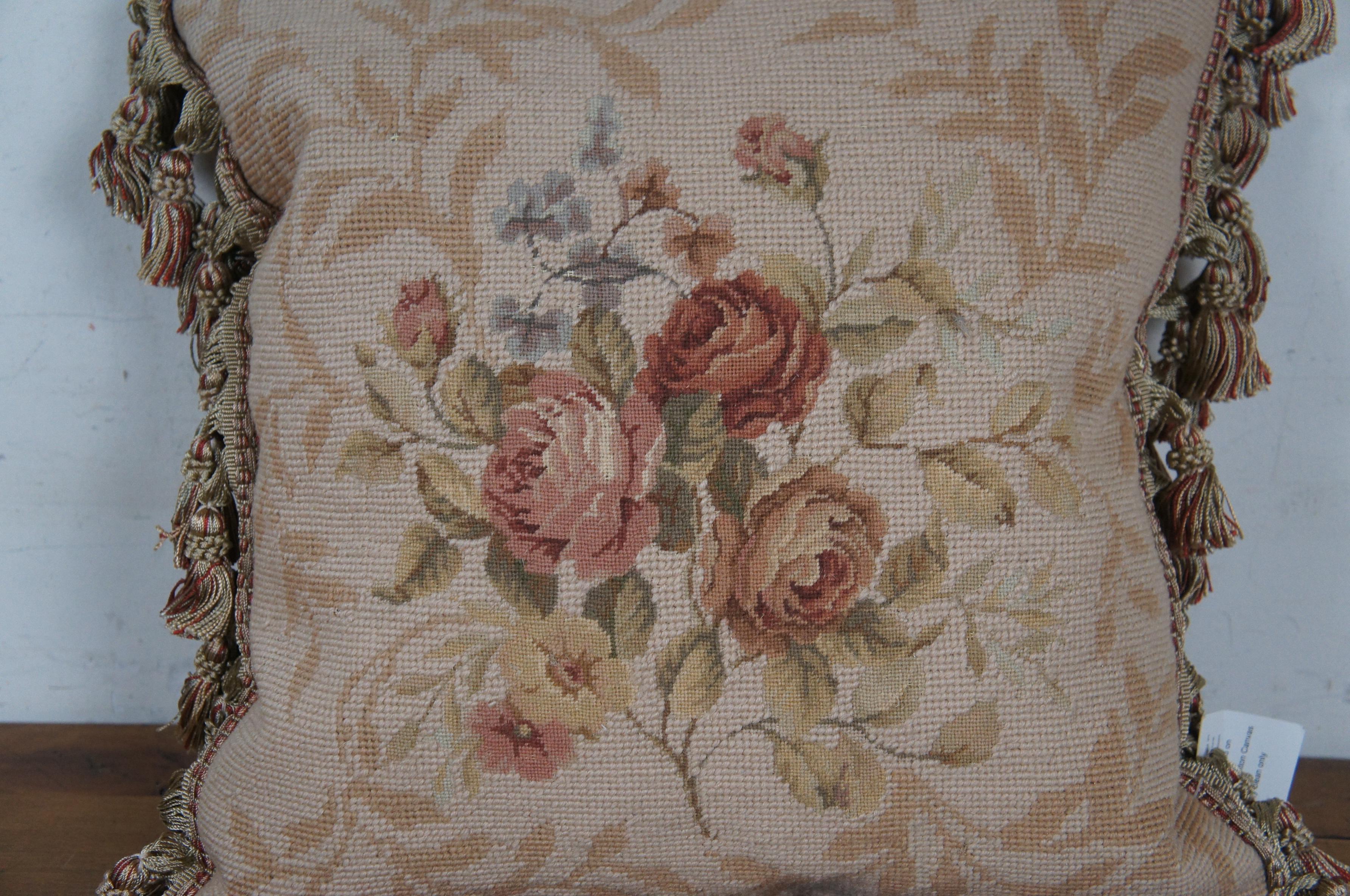 Down Filled Floral Rose Bouquet Wool Needlepoint Tassel Lumbar Throw Pillow 16