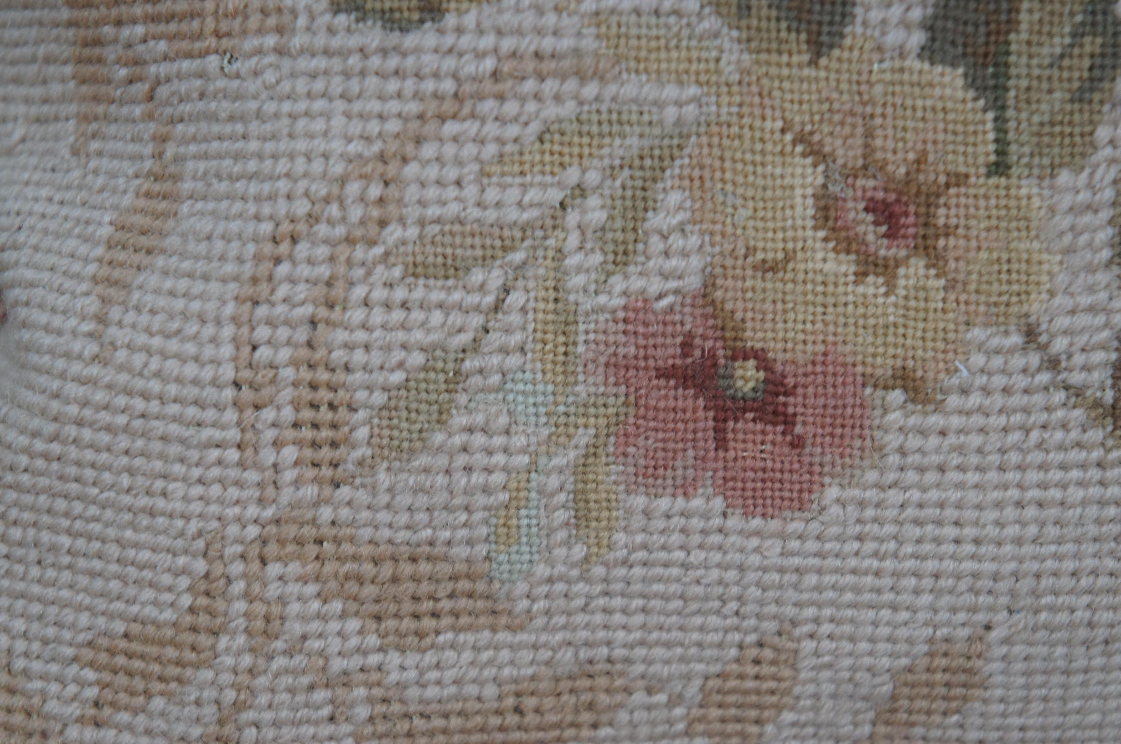 20th Century Down Filled Floral Rose Bouquet Wool Needlepoint Tassel Lumbar Throw Pillow 16