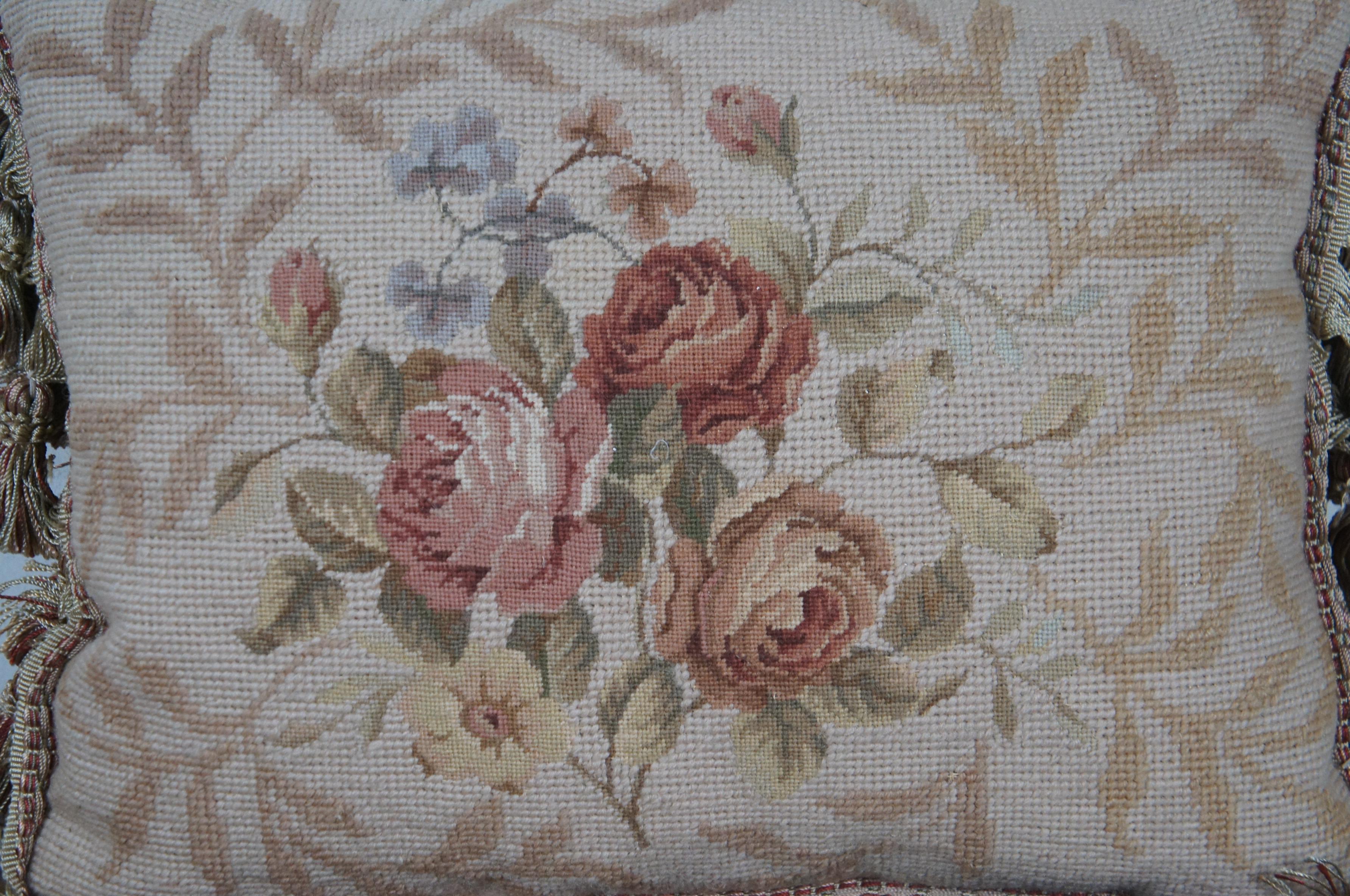 Textile Down Filled Floral Rose Bouquet Wool Needlepoint Tassel Lumbar Throw Pillow 16