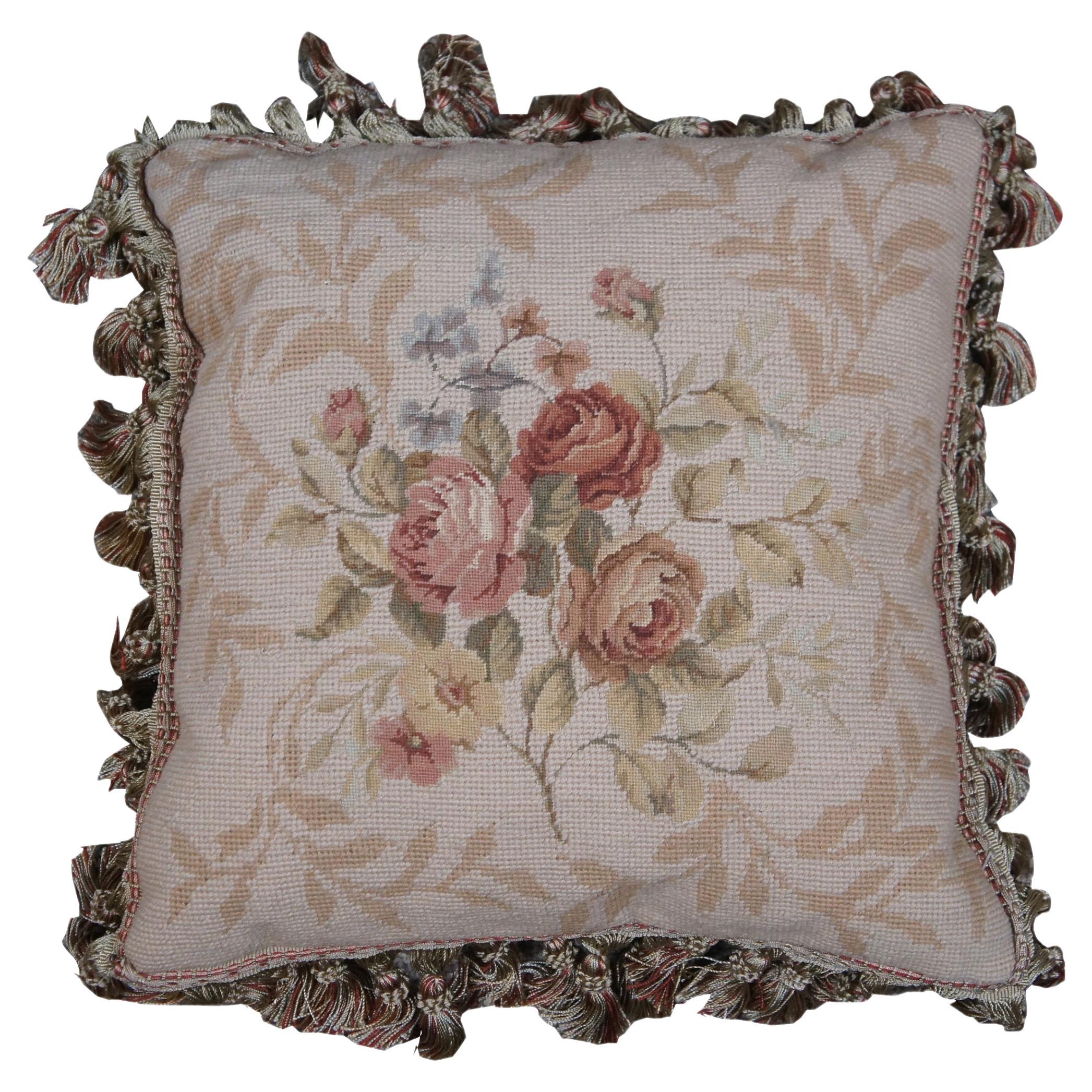 Down Filled Floral Rose Bouquet Wool Needlepoint Tassel Lumbar Throw Pillow 16"