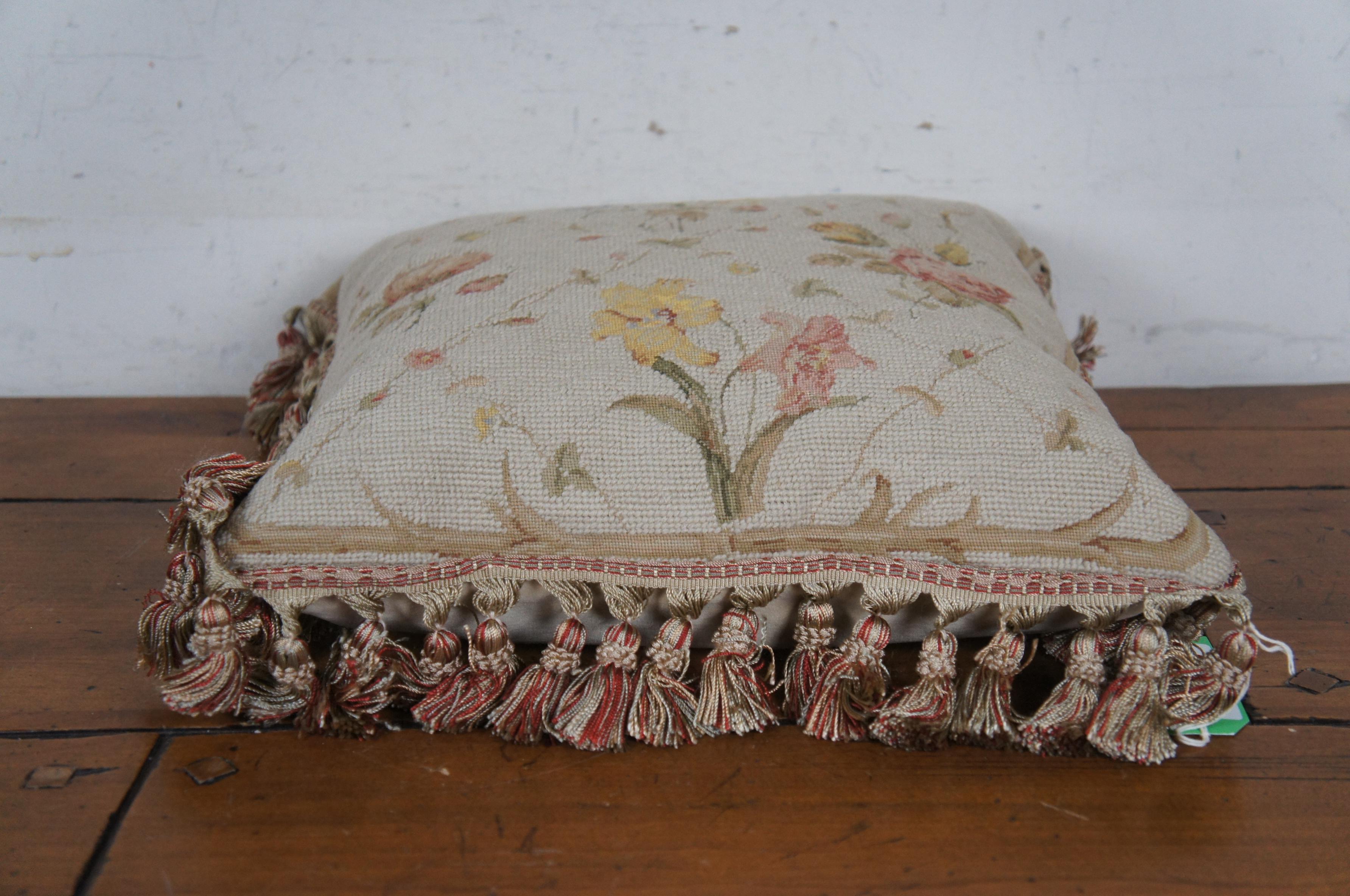 20th Century Down Filled Floral Rose Lily Daisy Needlepoint Tassel Lumbar Throw Pillow 16